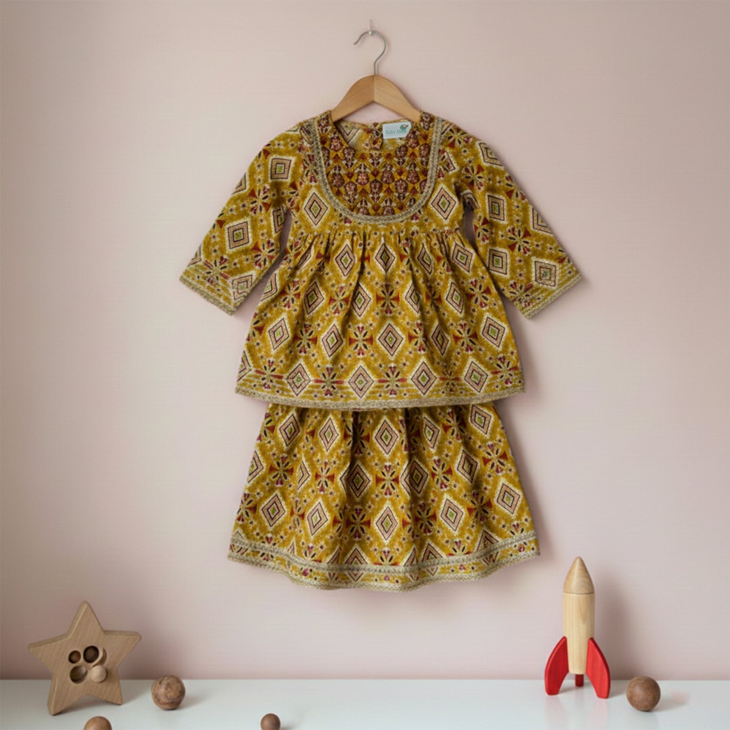Baby Moo All Over Print Two Piece Lehenga Blouse Set - Mustard