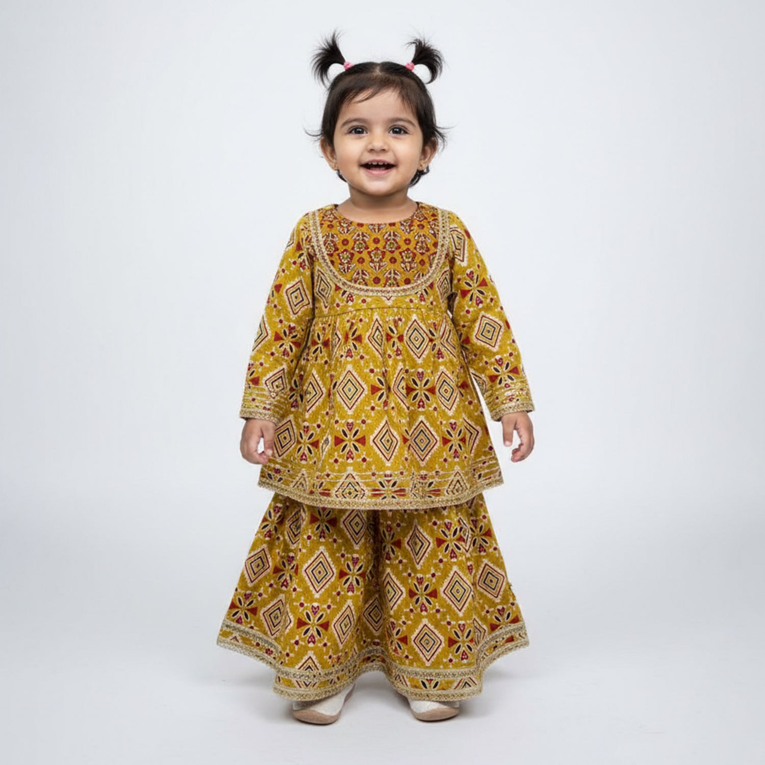 Baby Moo All Over Print Two Piece Lehenga Blouse Set - Mustard