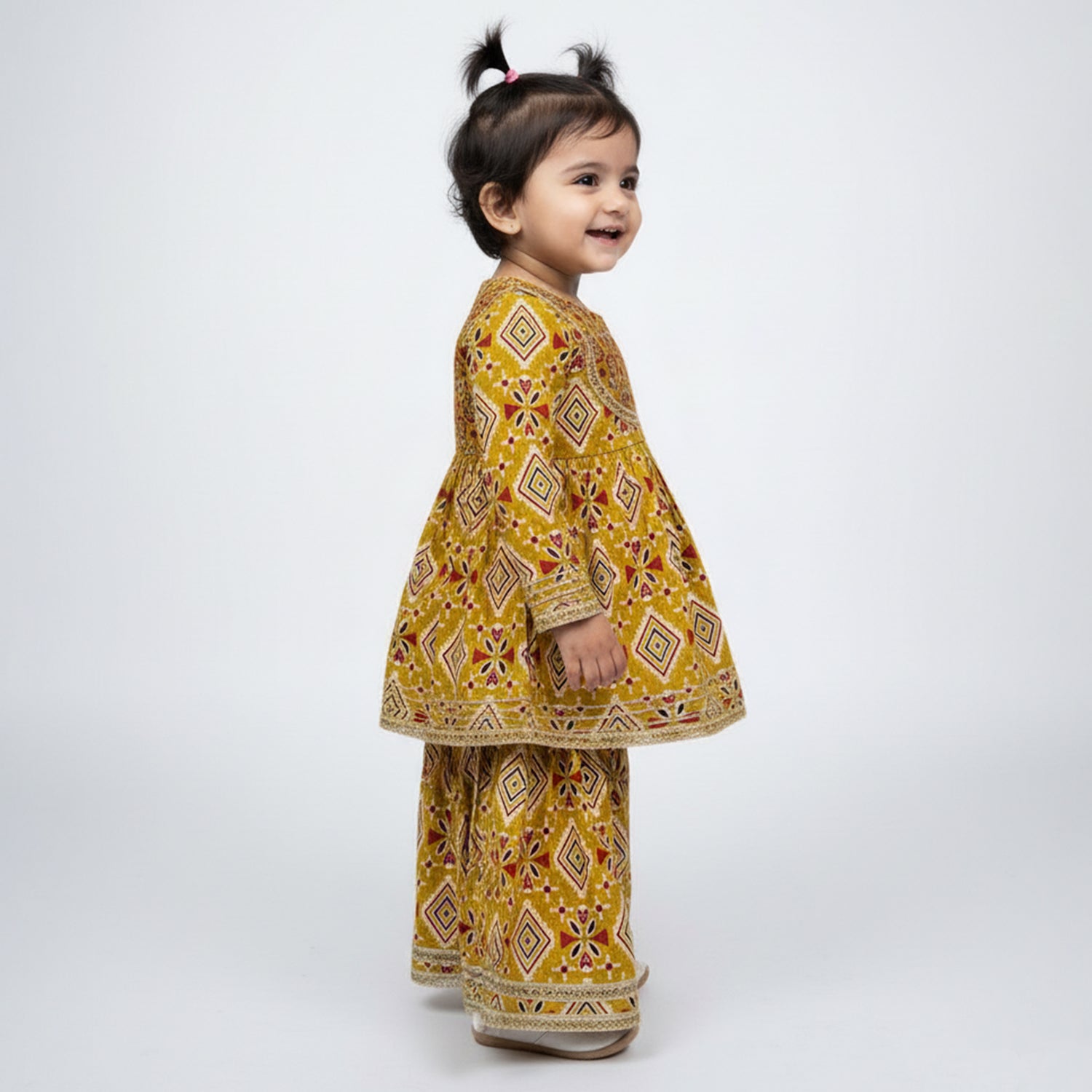 Baby Moo All Over Print Two Piece Lehenga Blouse Set - Mustard
