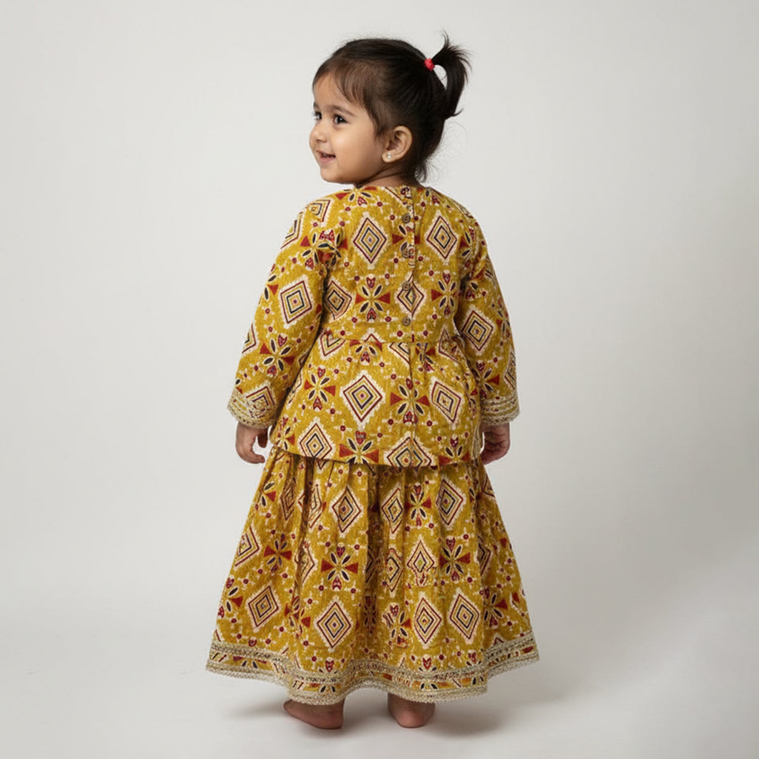 Baby Moo All Over Print Two Piece Lehenga Blouse Set - Mustard