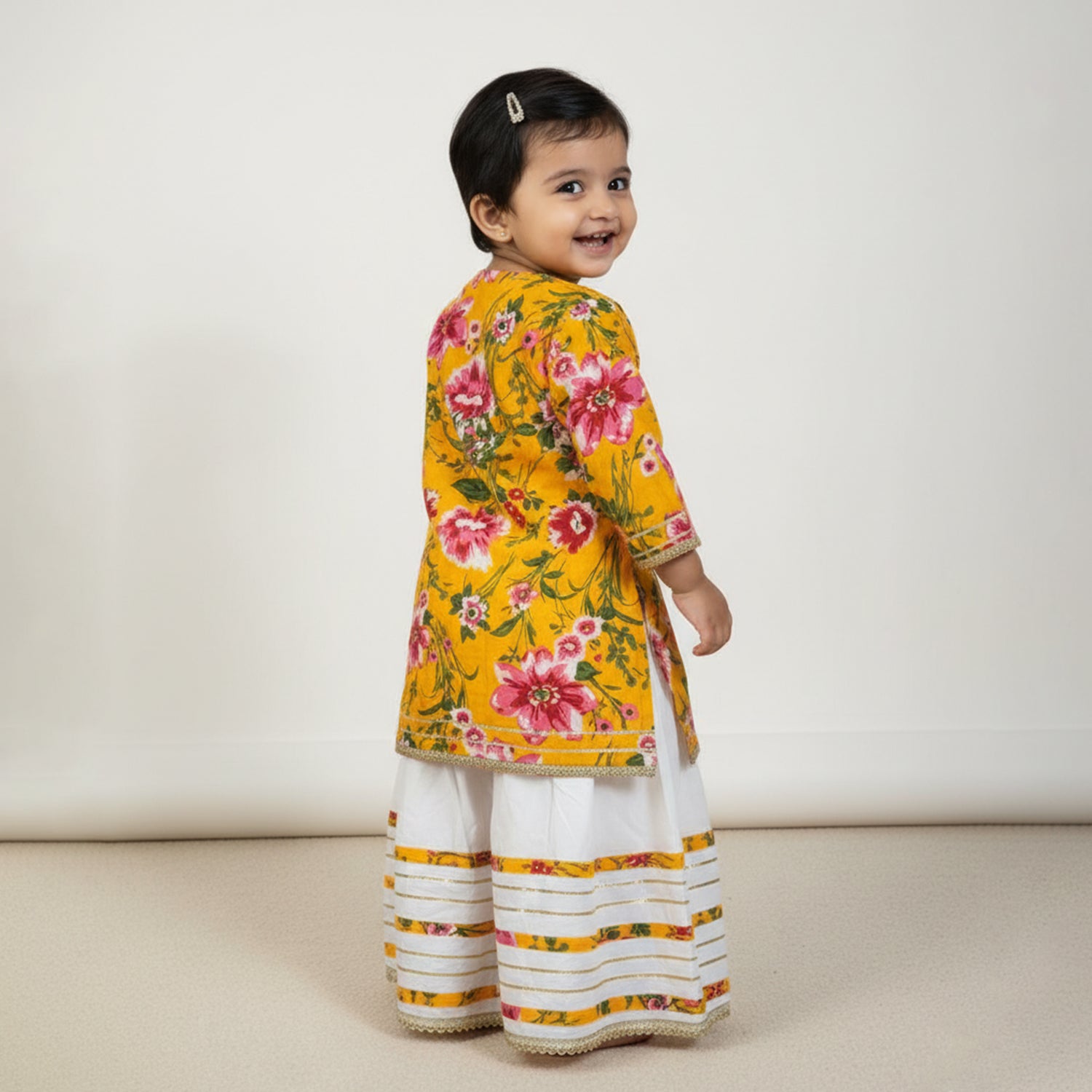 Baby Moo Floral Print Two Piece Lehenga Blouse Set - Yellow