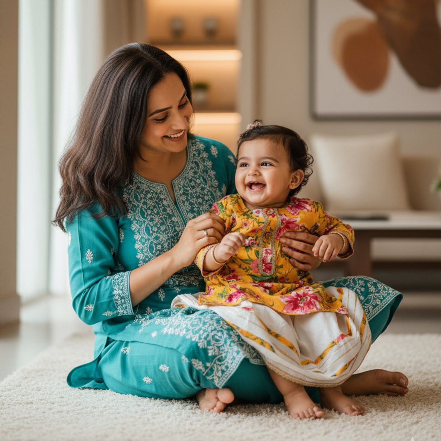Baby Moo Floral Print Two Piece Lehenga Blouse Set - Yellow