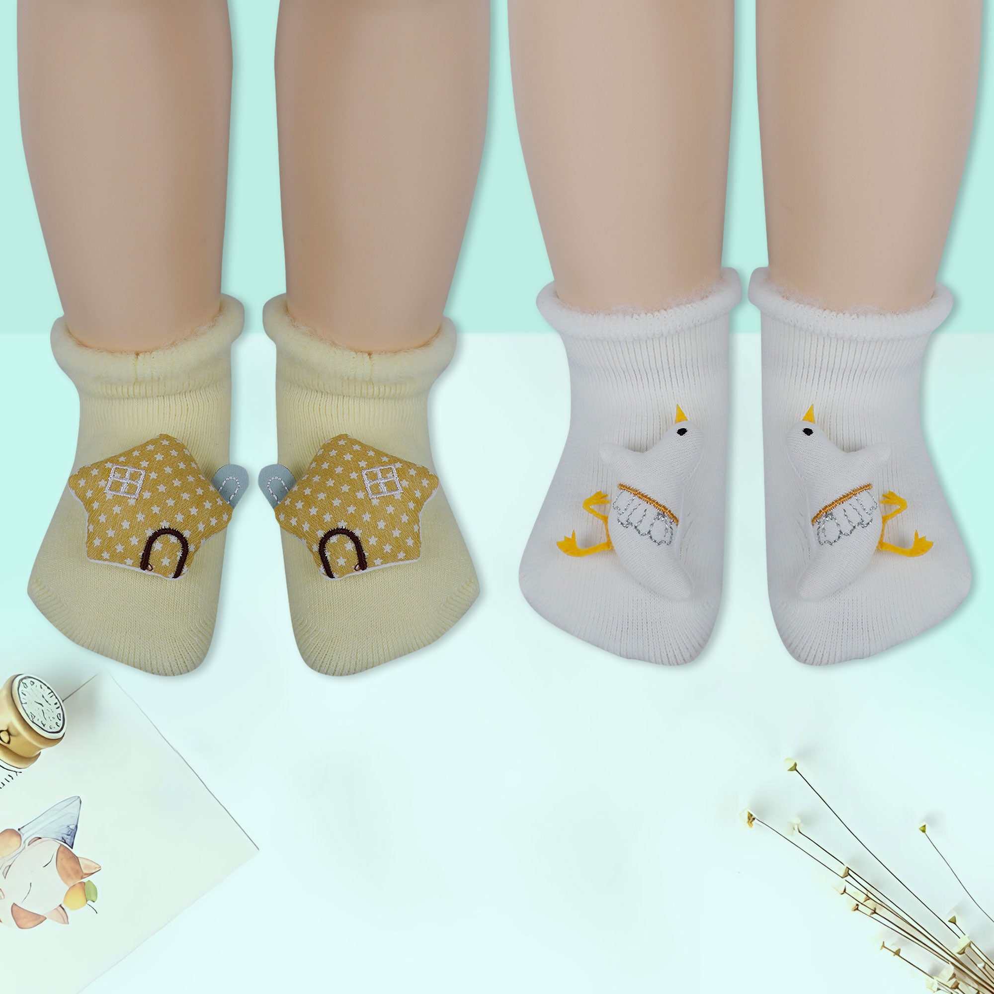 Baby Moo 3D Birdy Home Anti-Skid Socks Pack of 2 - Yellow, Cream