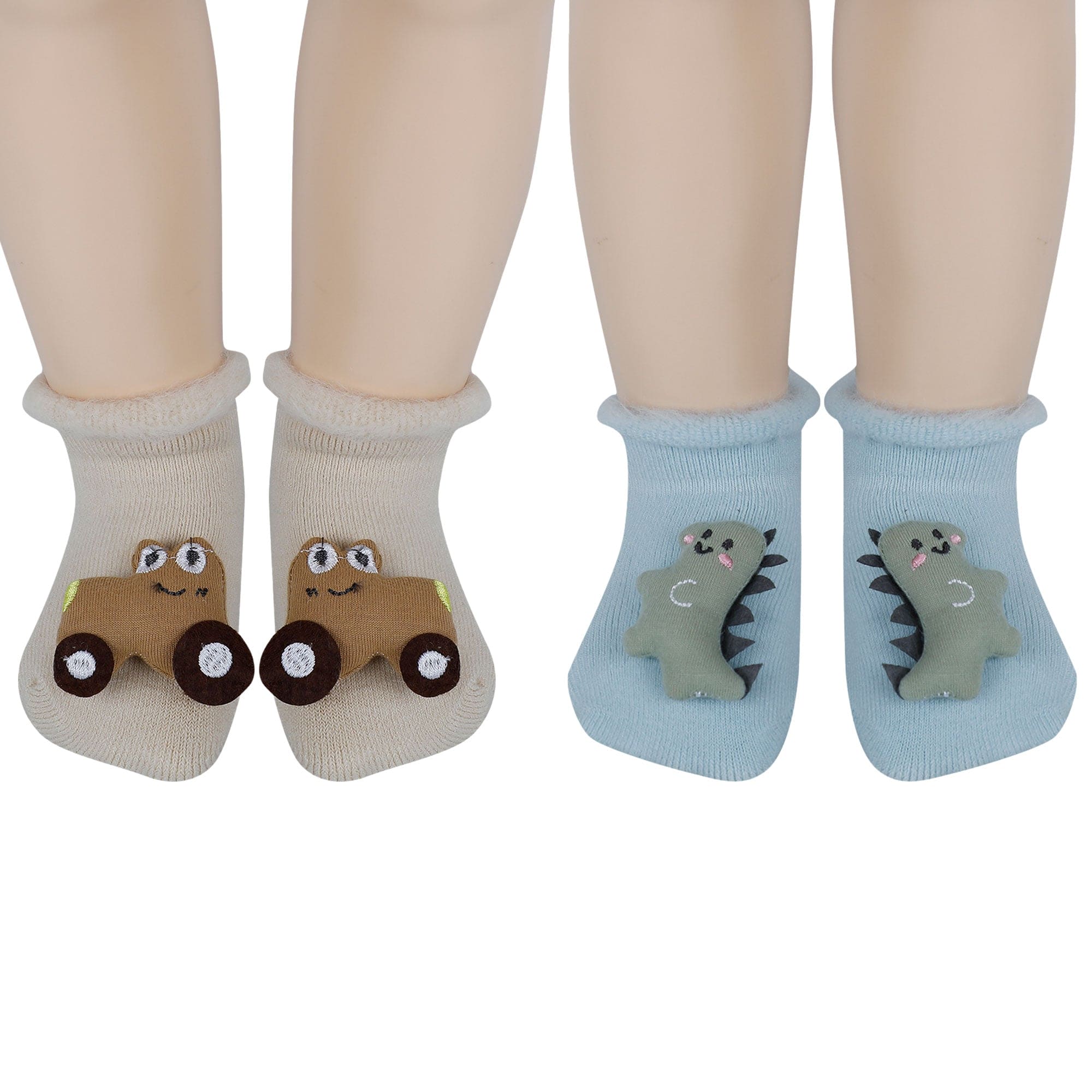 Baby Moo 3D Dino Jeep Anti-Skid Socks Pack of 2 - Blue, Beige