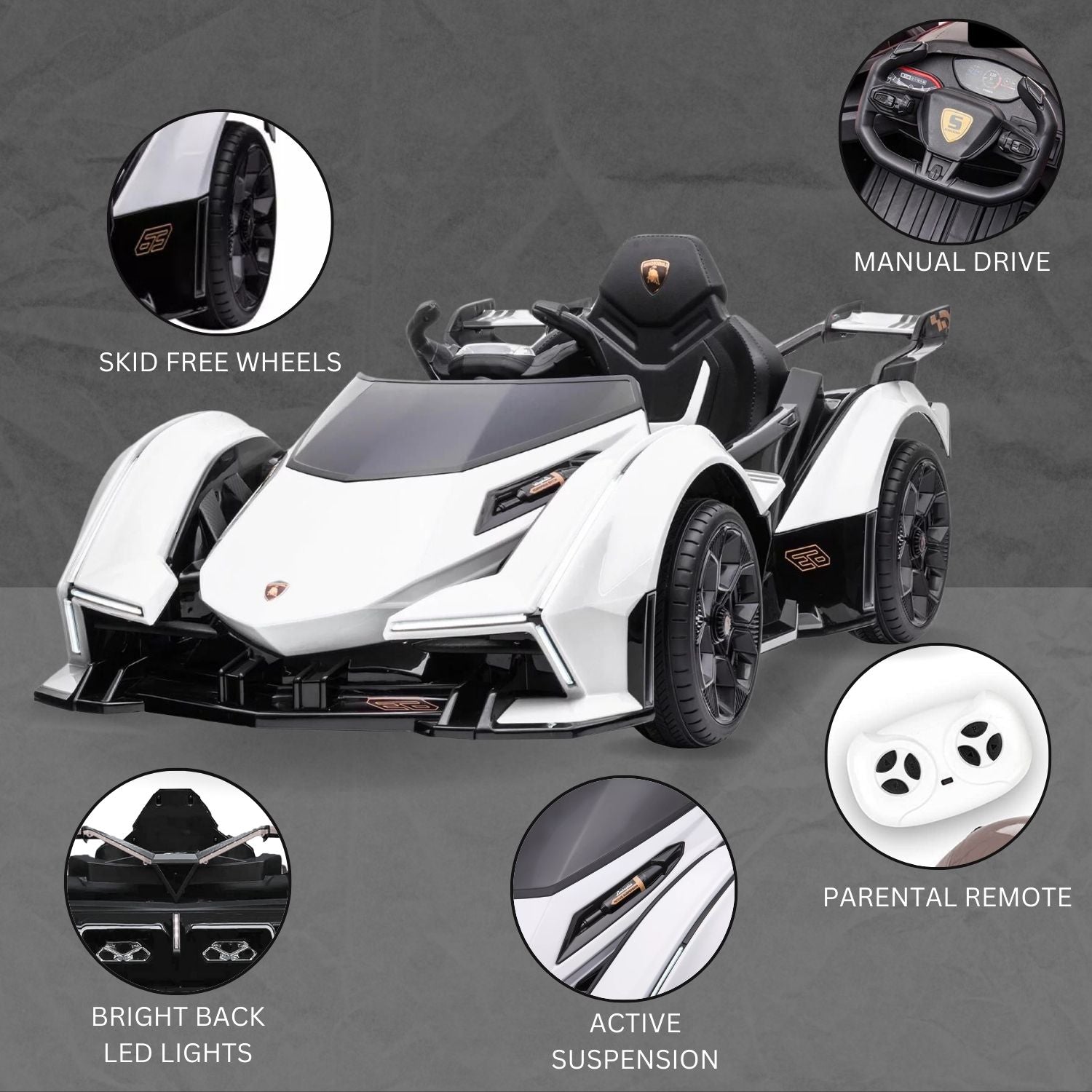 Baby Moo Lambo Ride-On Sports Car | 12V Kids Electric Toy Vehicle | Parental Remote Control | USB MP3 Player | Ages 2-7 - White - Baby Moo
