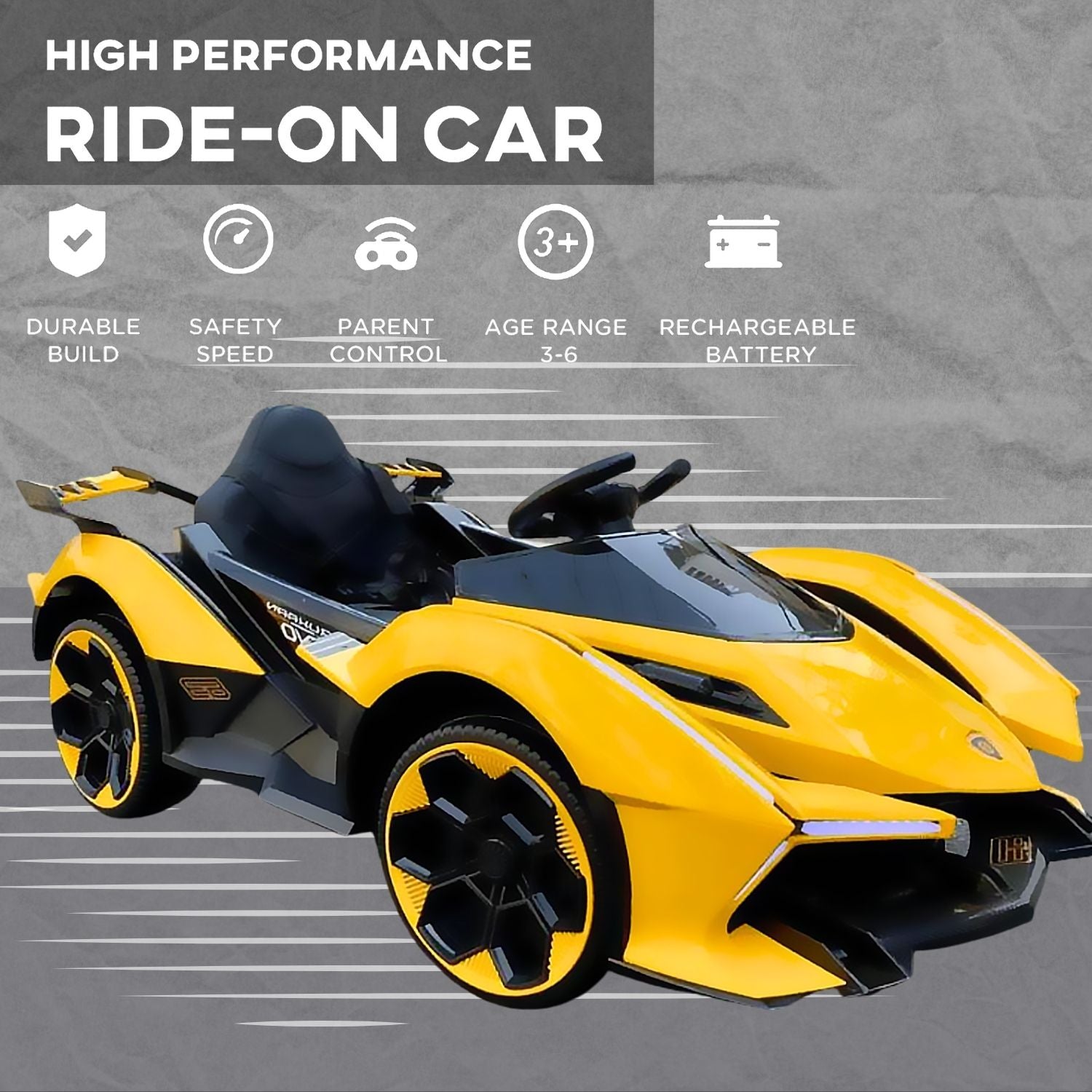 Baby Moo Lambo Ride-On Sports Car | 12V Kids Electric Toy Vehicle | Parental Remote Control | USB MP3 Player | Ages 1-6 - Yellow