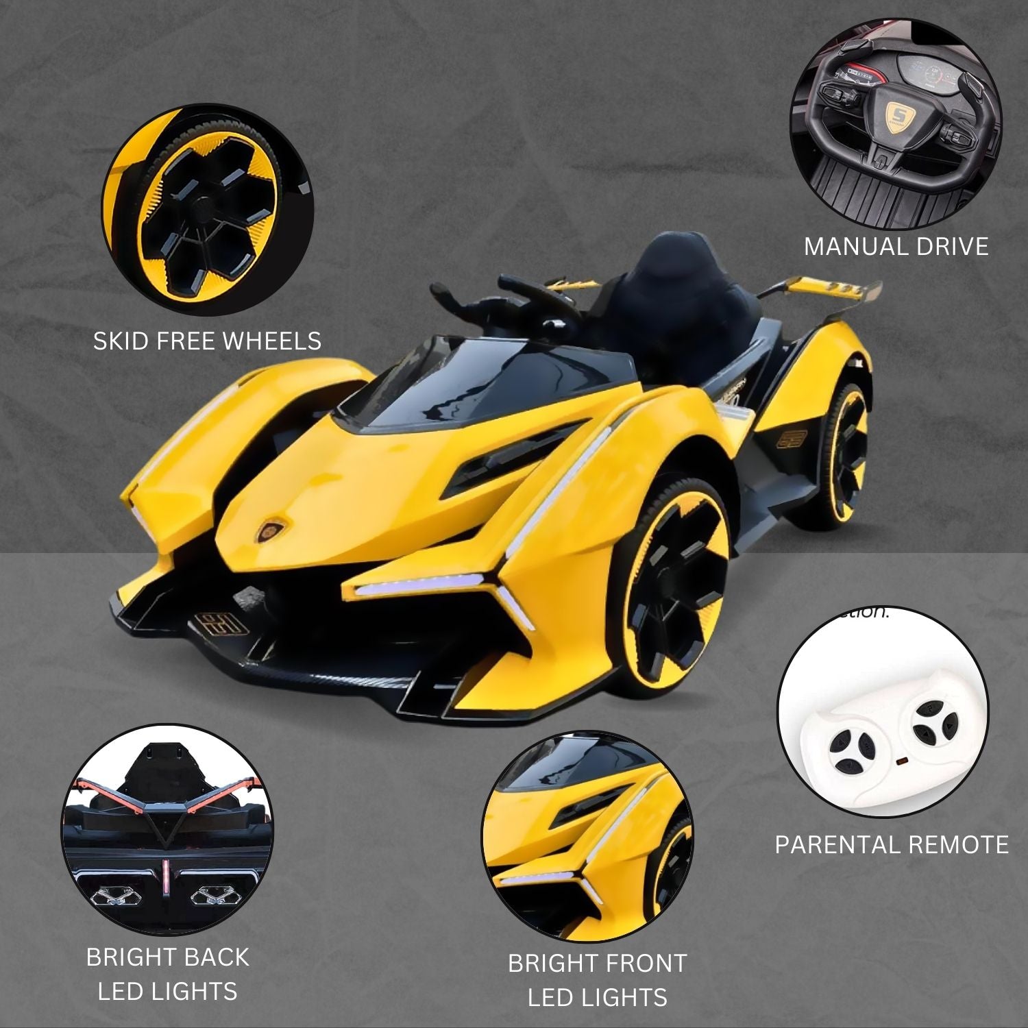 Baby Moo Lambo Ride-On Sports Car | 12V Kids Electric Toy Vehicle | Parental Remote Control | USB MP3 Player | Ages 1-6 - Yellow