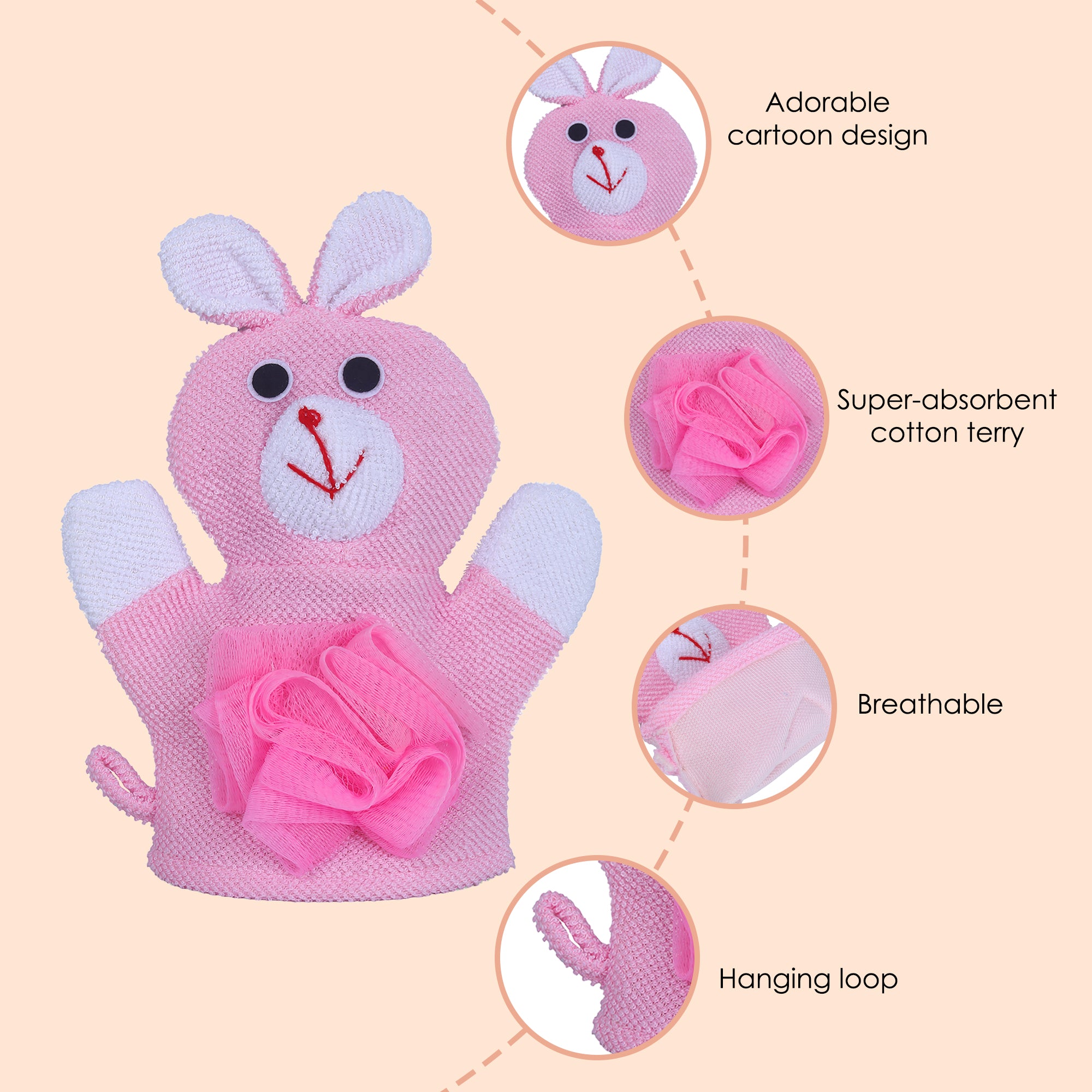 Baby Moo Naughty Rabbit Bath Time Fun Hand Puppet Loofah Bath Glove - Pink