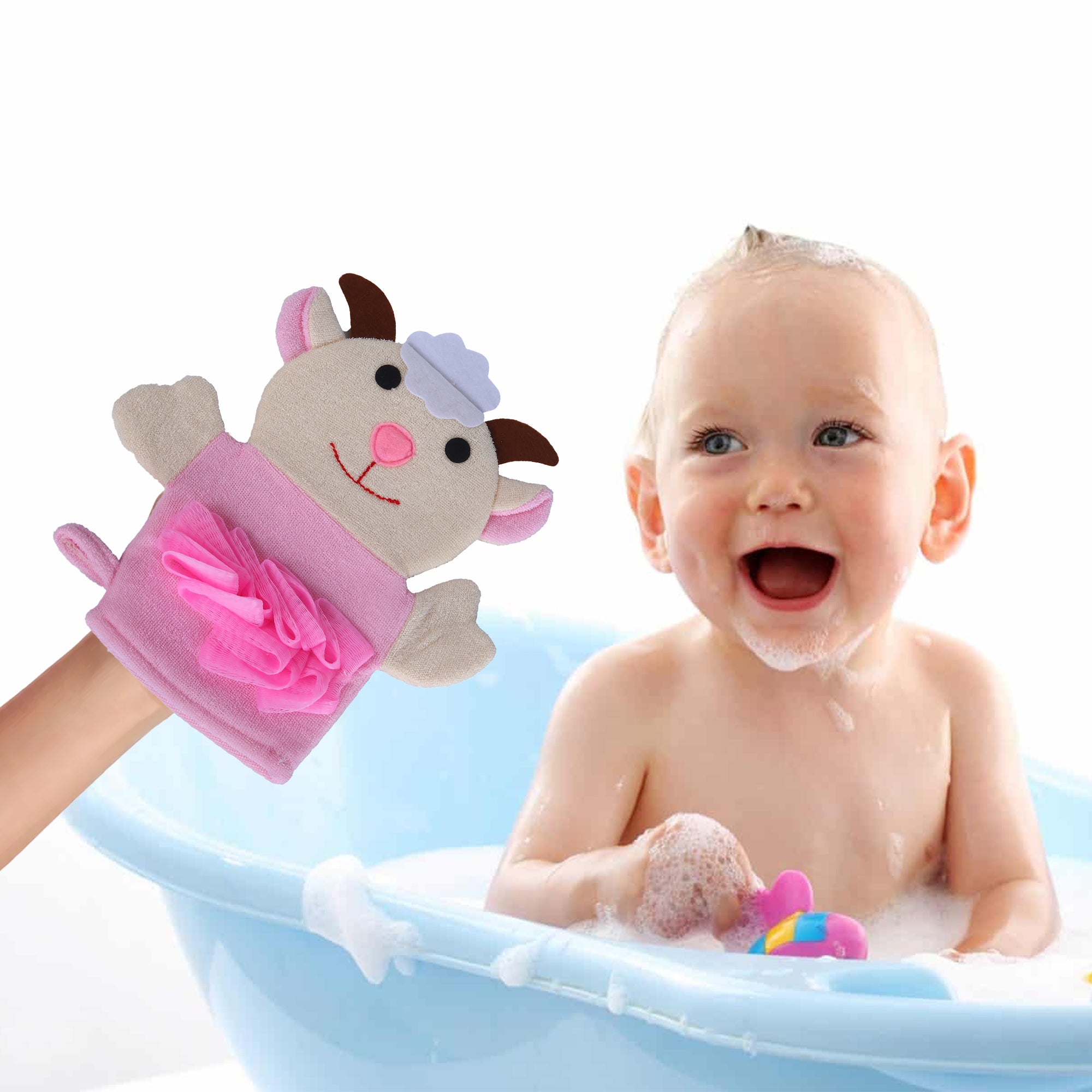 Baby Moo Sweet Cow Bath Time Fun Hand Puppet Loofah Bath Glove - Cream