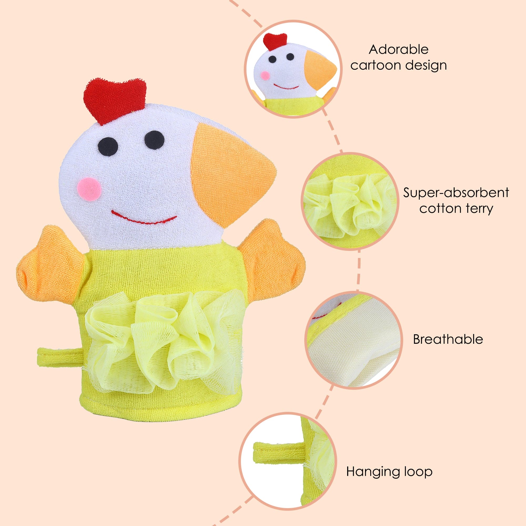 Baby Moo Sweet Hen Bath Time Fun Hand Puppet Loofah Bath Glove - Yellow