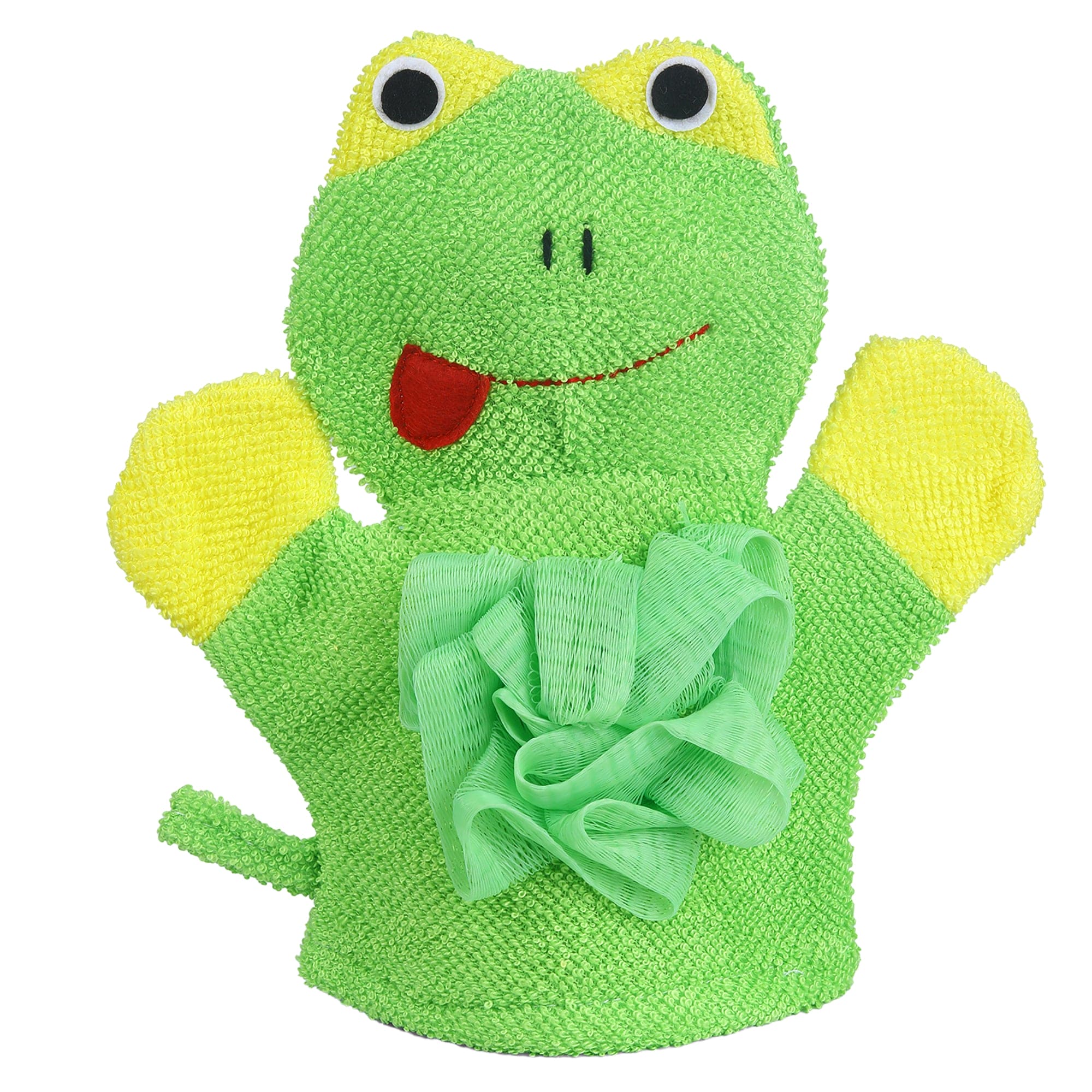 Baby Moo Mischievous Frog Bath Time Fun Hand Puppet Loofah Bath Glove - Green