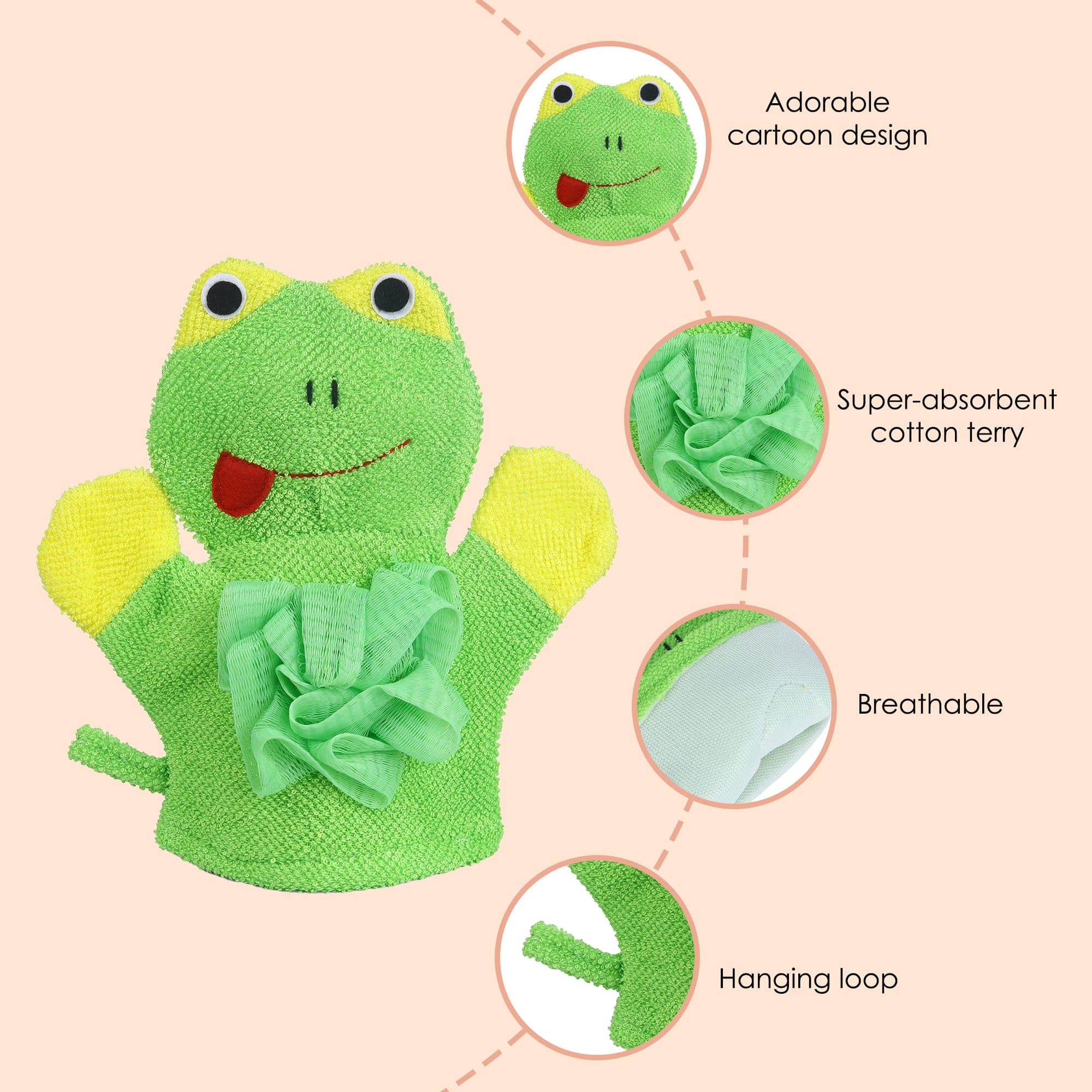 Baby Moo Mischievous Frog Bath Time Fun Hand Puppet Loofah Bath Glove - Green