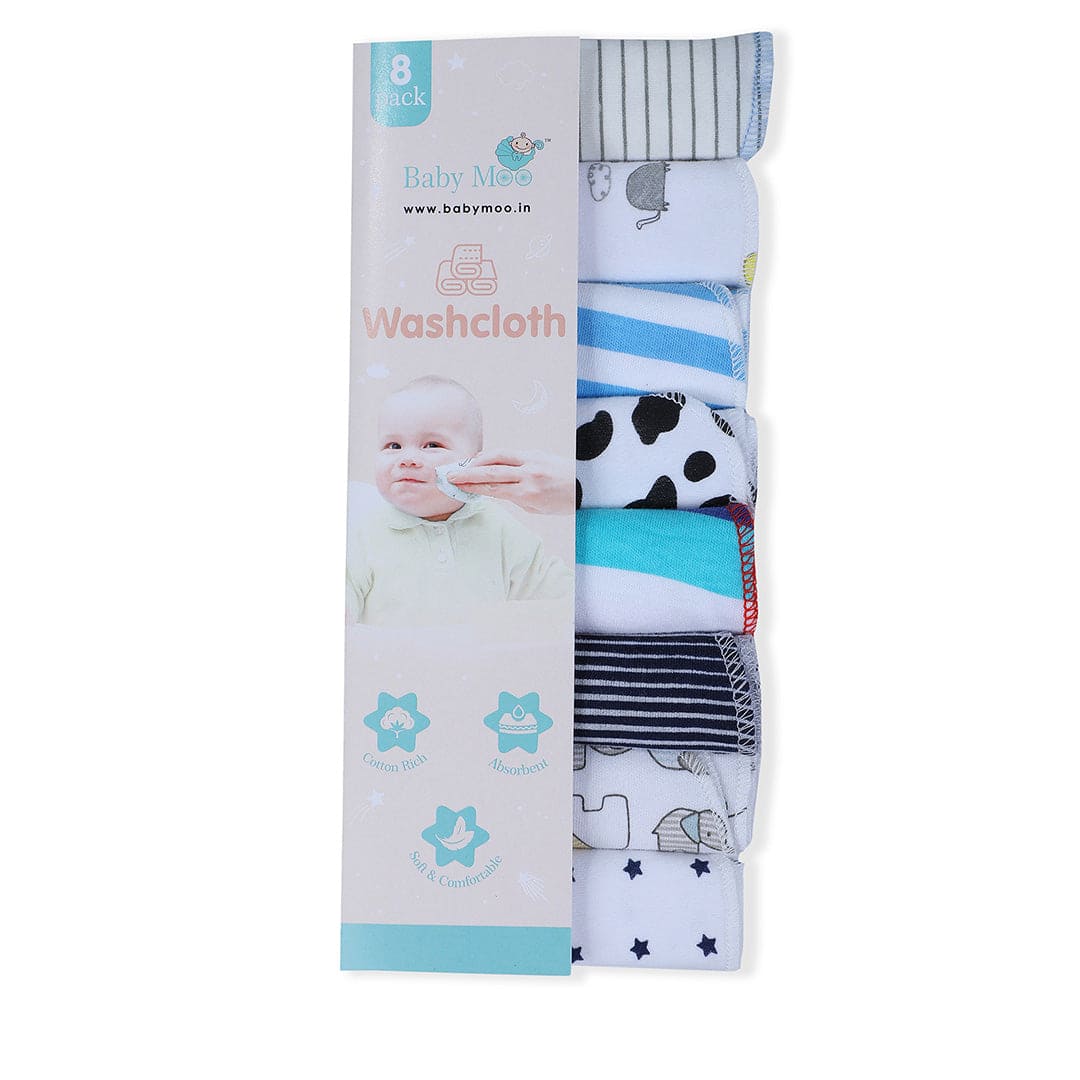 Baby Moo Boys Theme Cotton 20 x 20 cm Soft Hosiery Wash Cloth - Multicolour