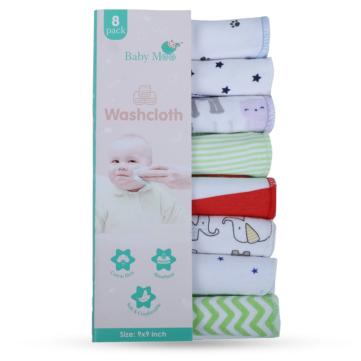 Baby Moo Unisex Cotton 20 x 20 cm Soft Hosiery Wash Cloth - Multicolour - Baby Moo