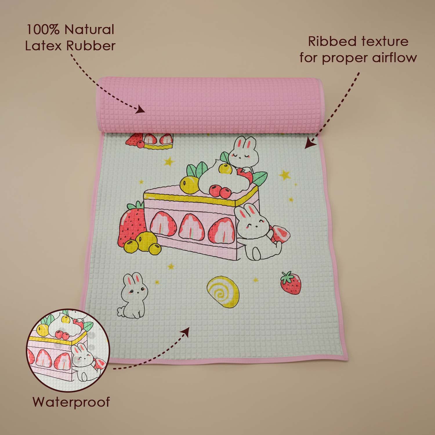 Baby Moo Rabbit Strawberry Cake Air Filled Waterproof Massage Mat - Pink