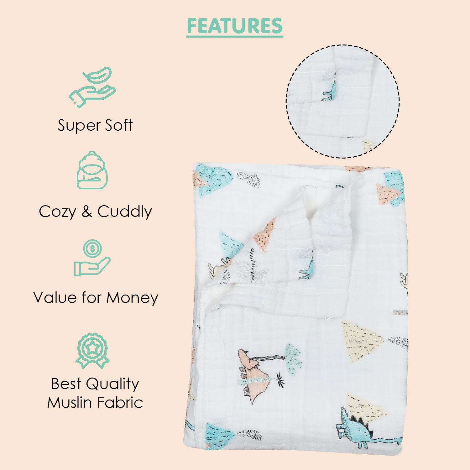 Dinosaur White Small Print Muslin Blanket