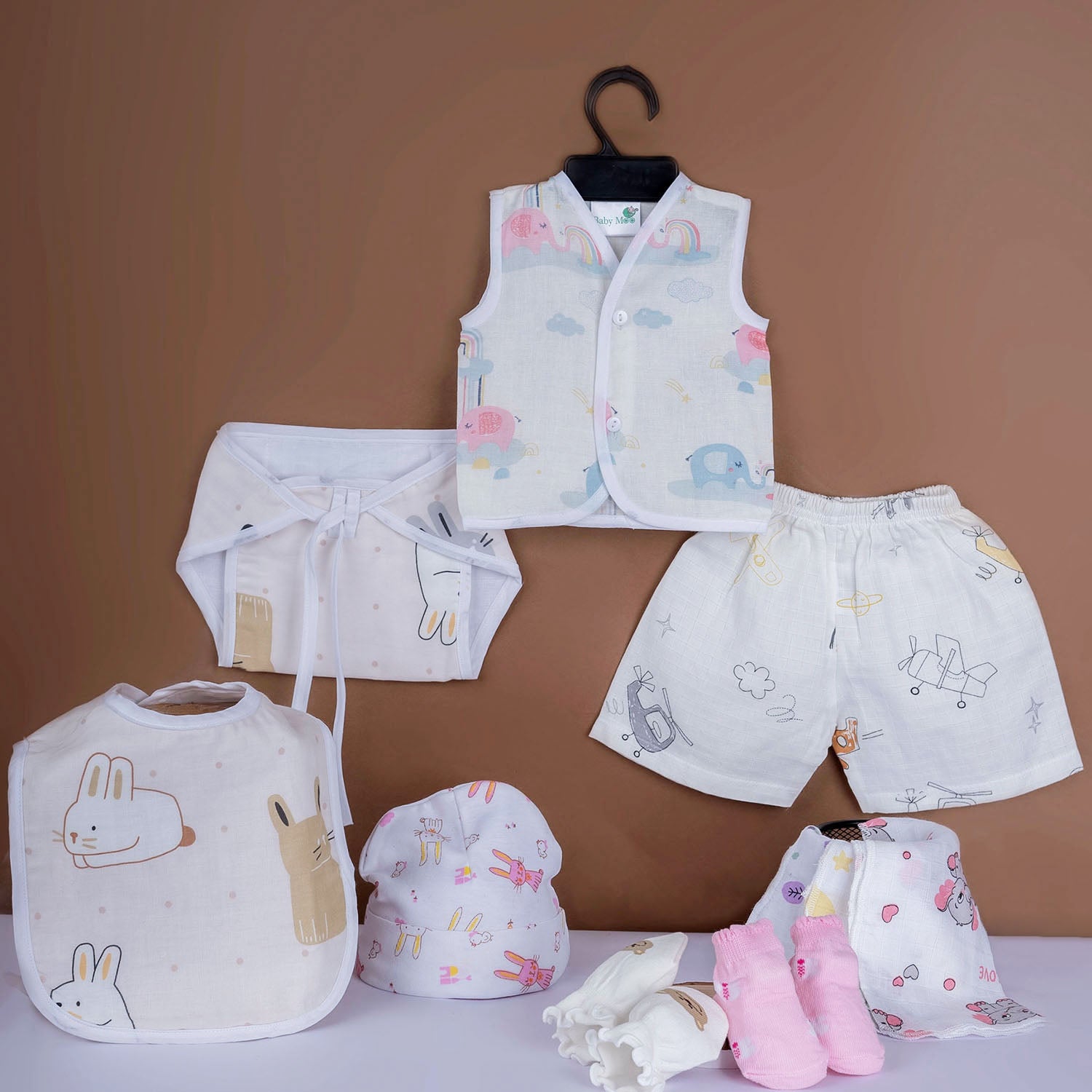 Baby Moo Adorable Animal Print Infant Essentials 10 Pcs Muslin Clothing Gift Set - Multicolour