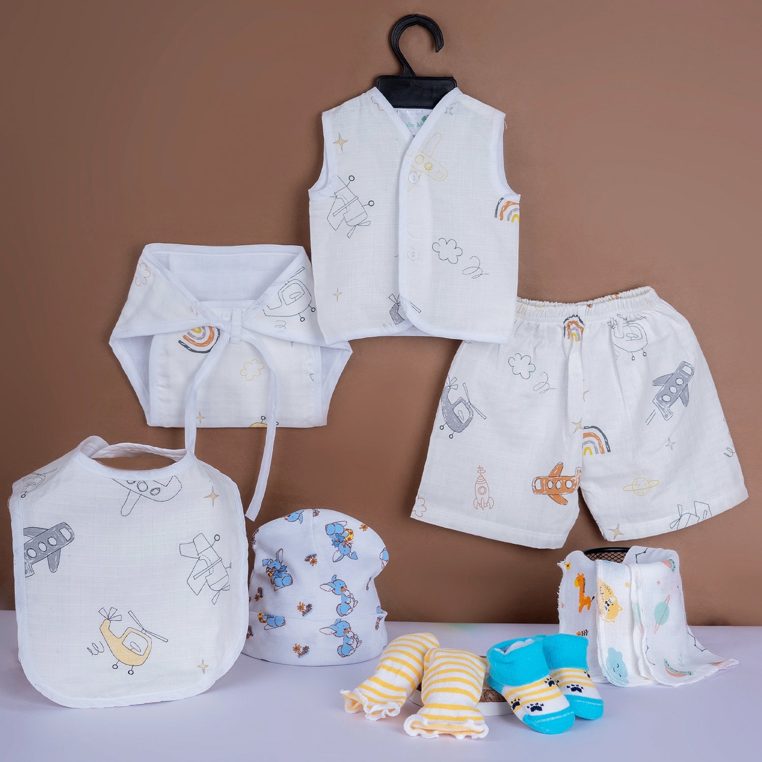 Baby Moo Sky Explorer Theme Print Infant Essentials 10 Pcs Muslin Clothing Gift Set - Multicolour