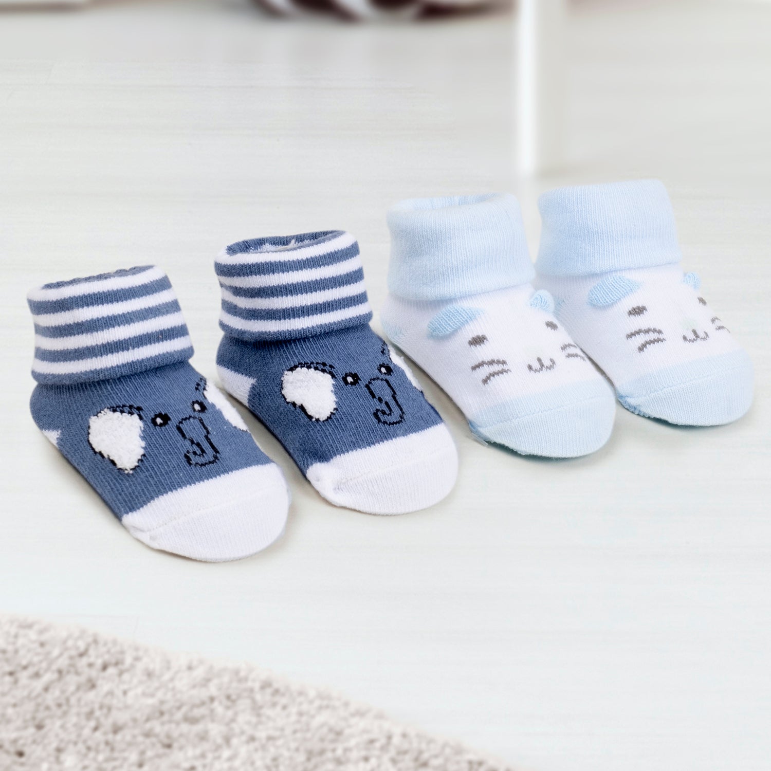 Baby Moo 3D Elephant Kitty Cotton Ankle Length Infant Dress Up Walking Set of 2 Socks Booties - Blue