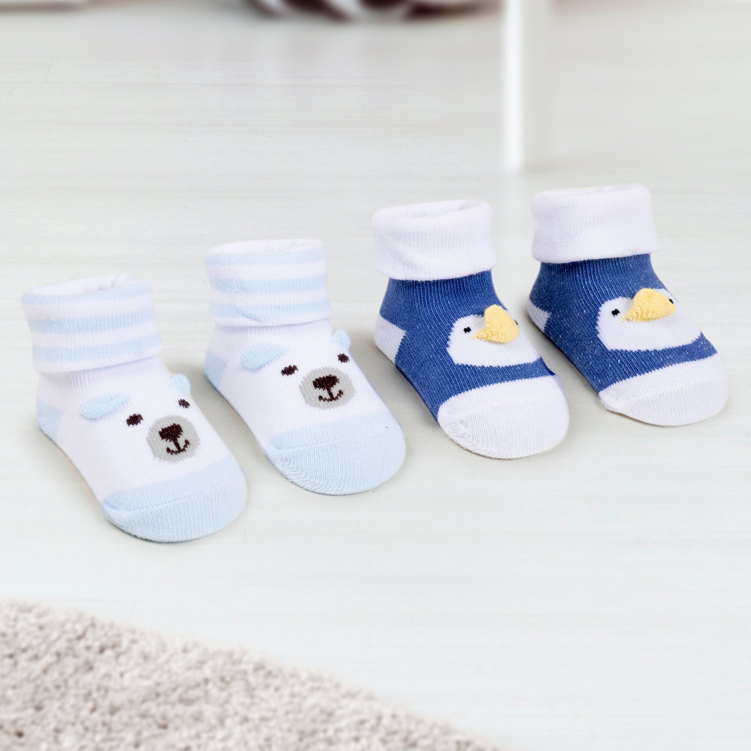 Baby Moo 3D Bear Duck Cotton Ankle Length Infant Dress Up Walking Set of 2 Socks Booties - Blue