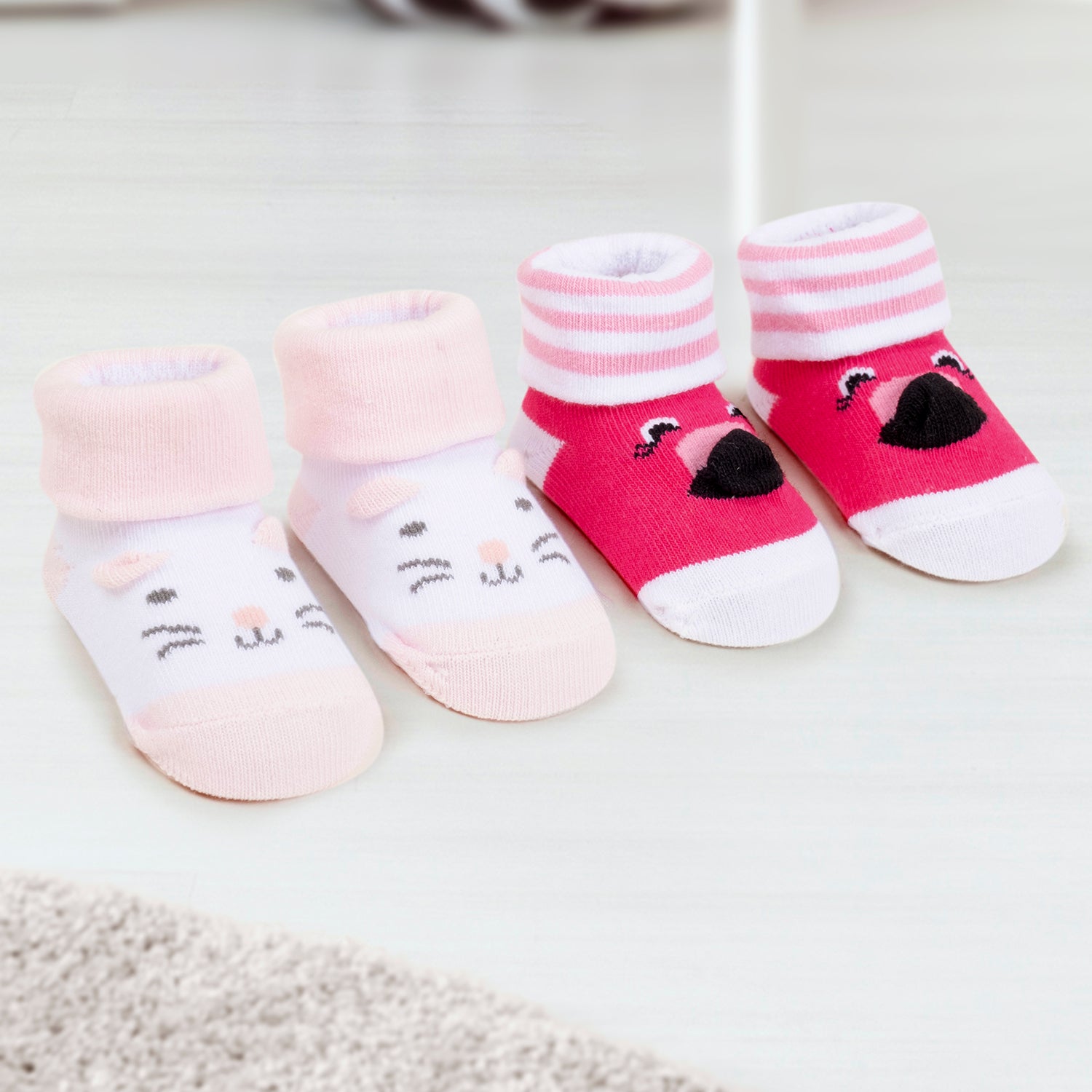Baby Moo 3D Kitty Dog Cotton Ankle Length Infant Dress Up Walking Set of 2 Socks Booties - Pink