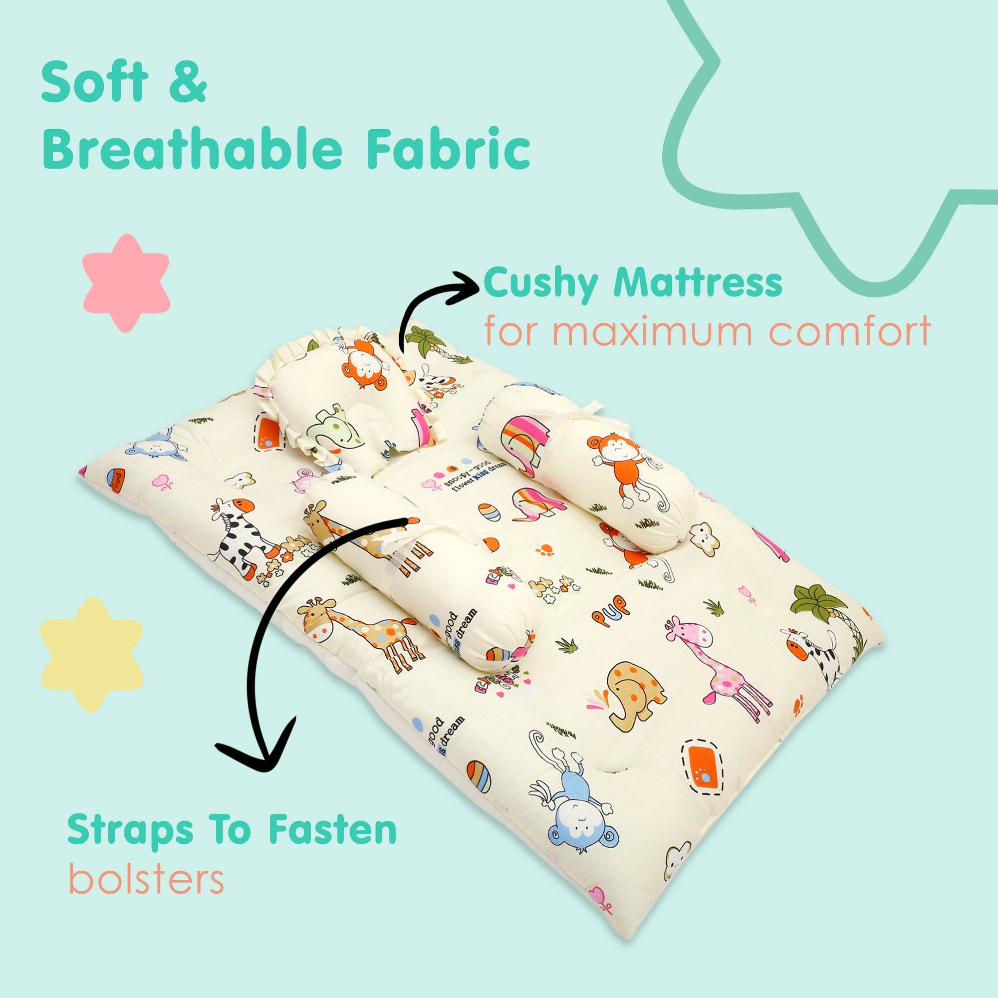 Mattress Set With Neck Pillow and Bolsters I Love Animals Cream