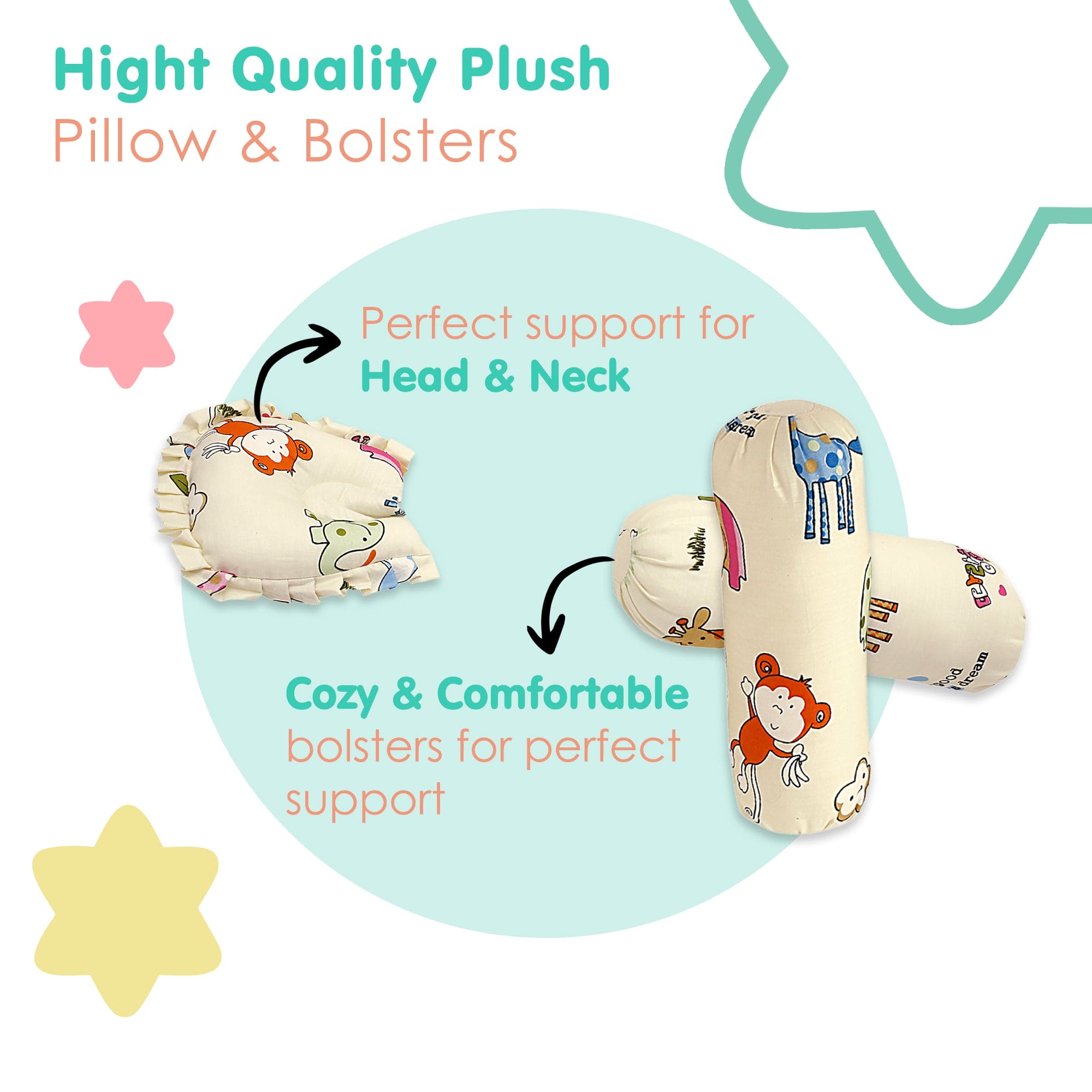 Mattress Set With Neck Pillow and Bolsters I Love Animals Cream