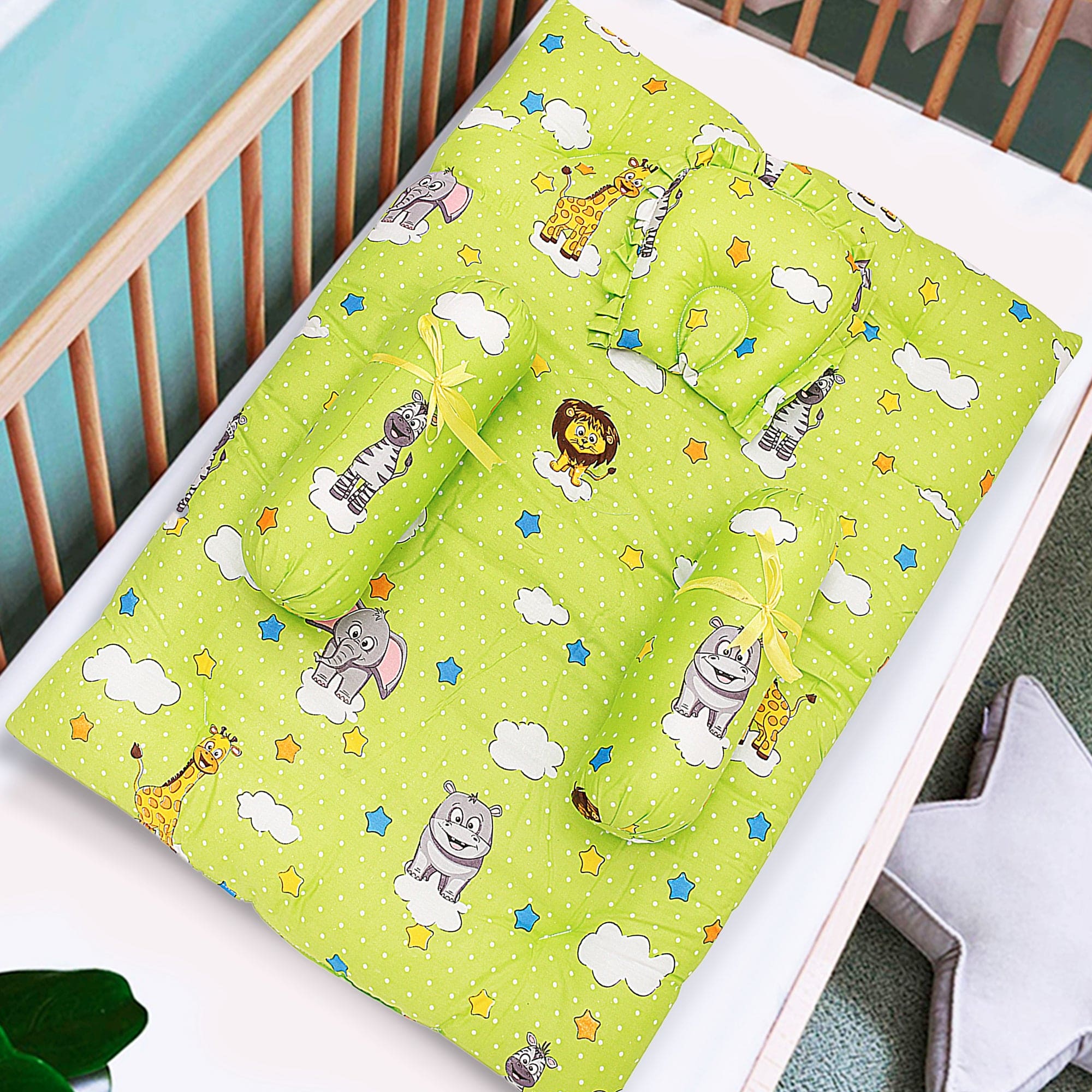 Mattress Set With Neck Pillow and Bolsters Fun In The Jungle Green