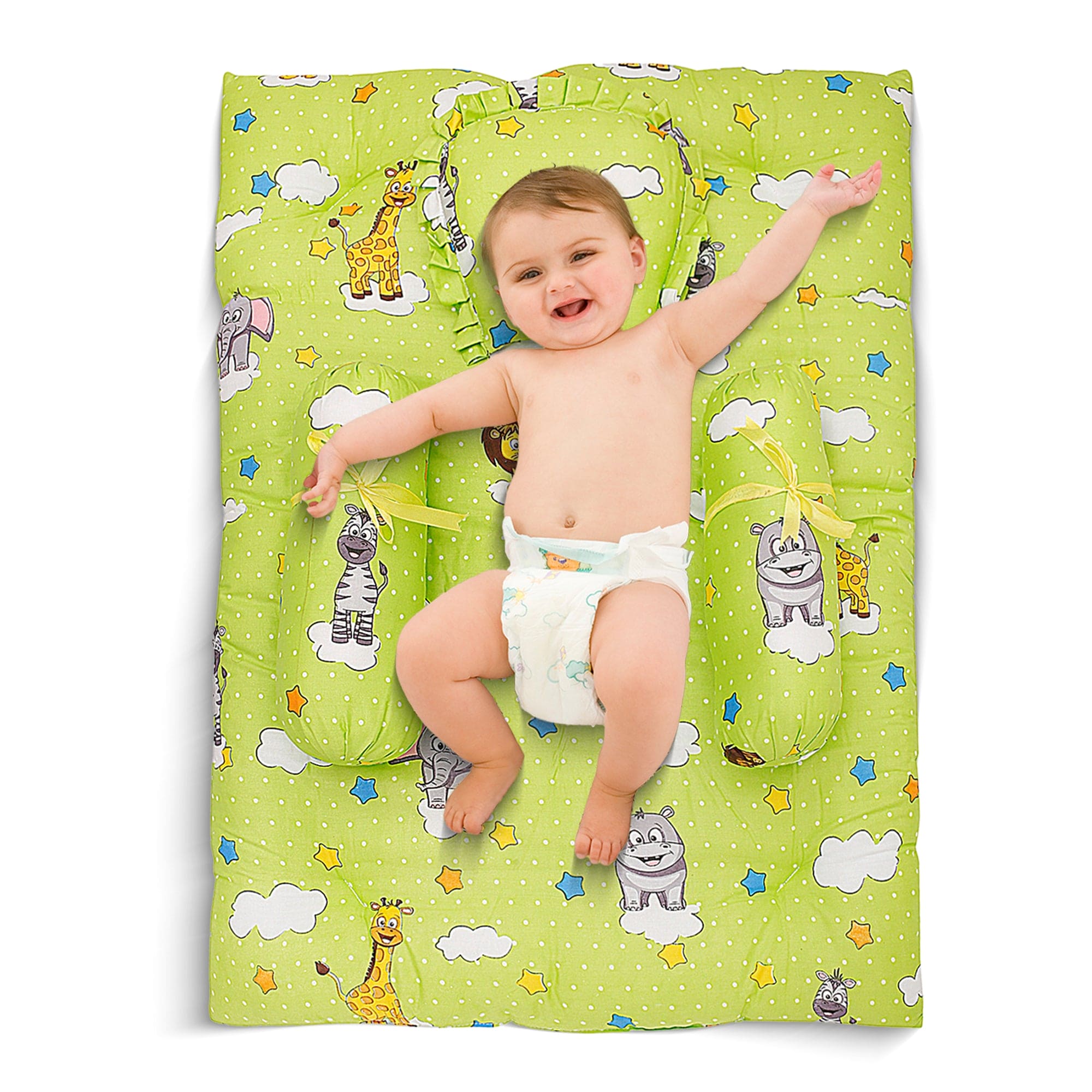 Mattress Set With Neck Pillow and Bolsters Fun In The Jungle Green