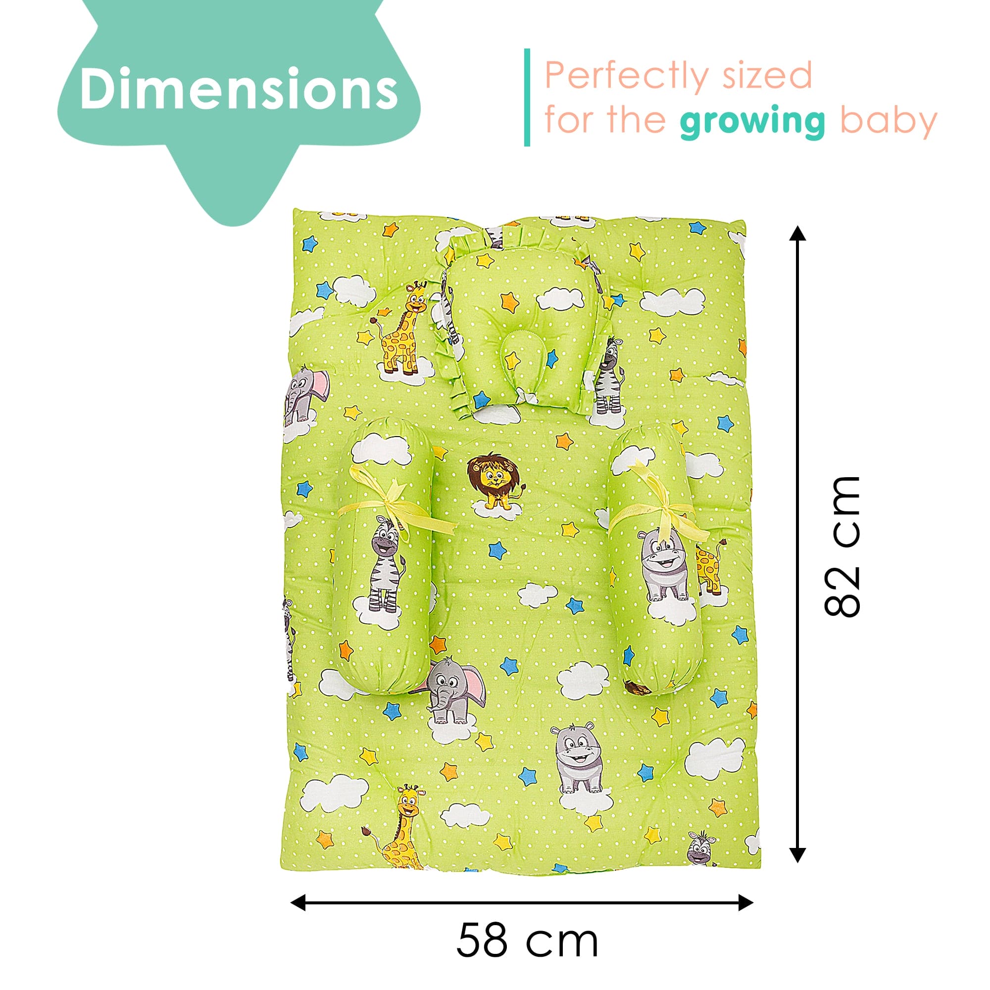 Mattress Set With Neck Pillow and Bolsters Fun In The Jungle Green