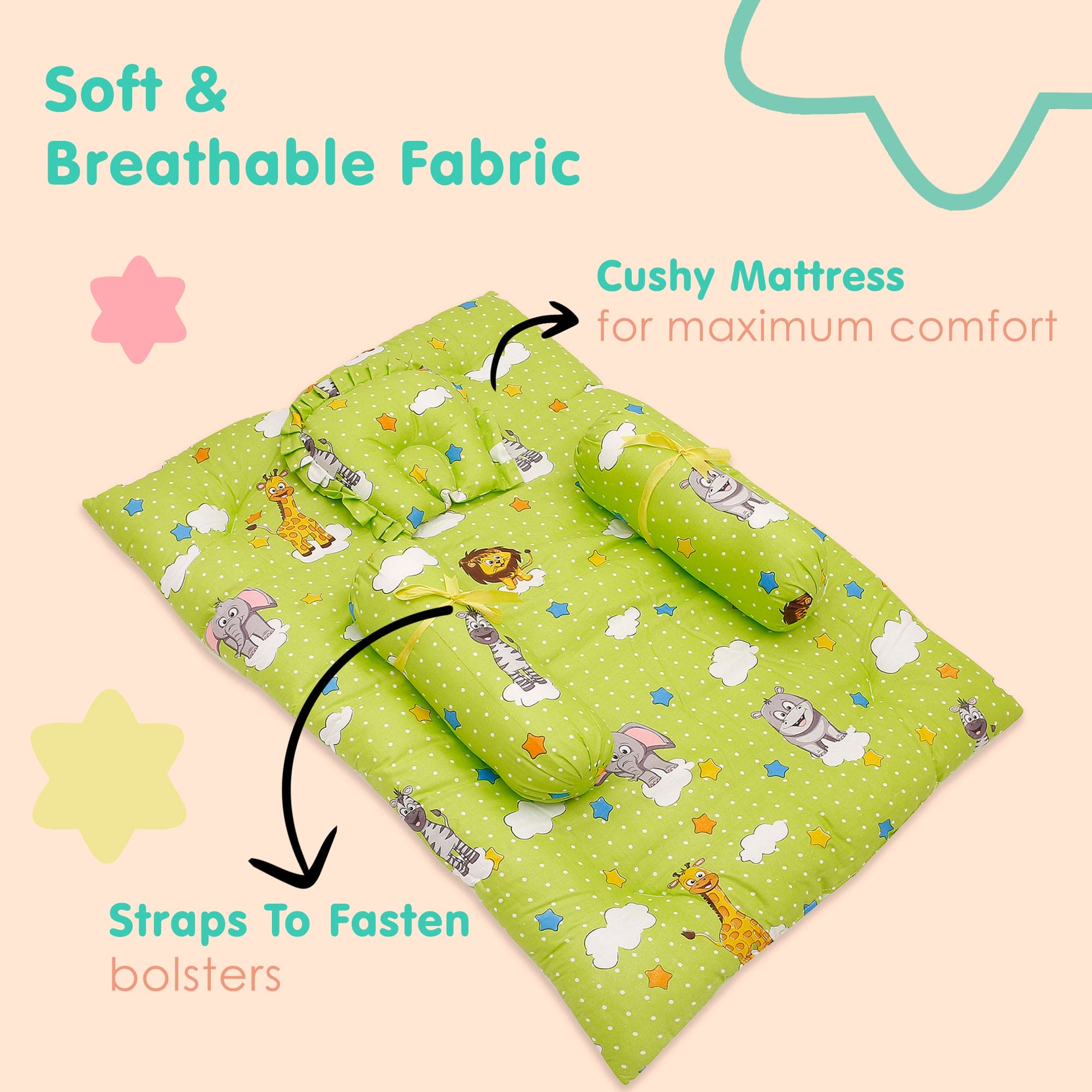 Mattress Set With Neck Pillow and Bolsters Fun In The Jungle Green