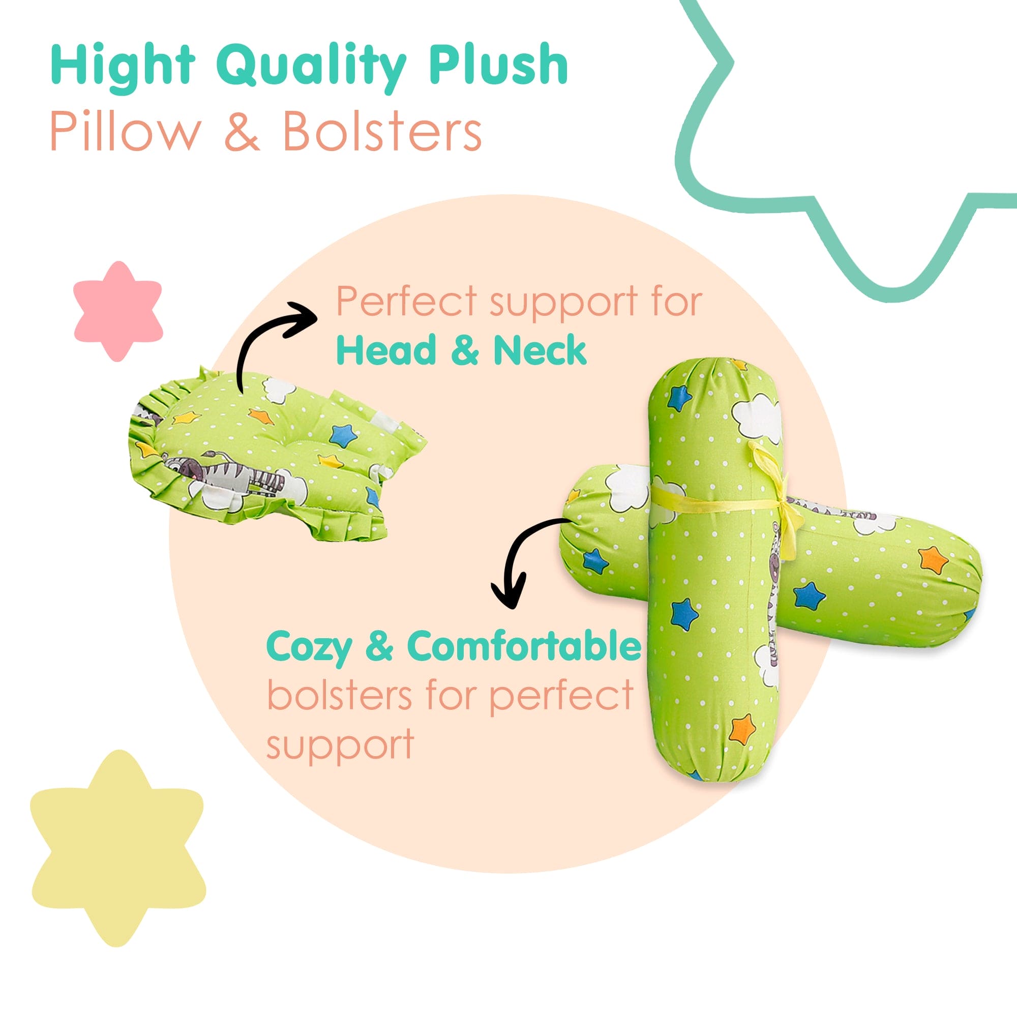 Mattress Set With Neck Pillow and Bolsters Fun In The Jungle Green