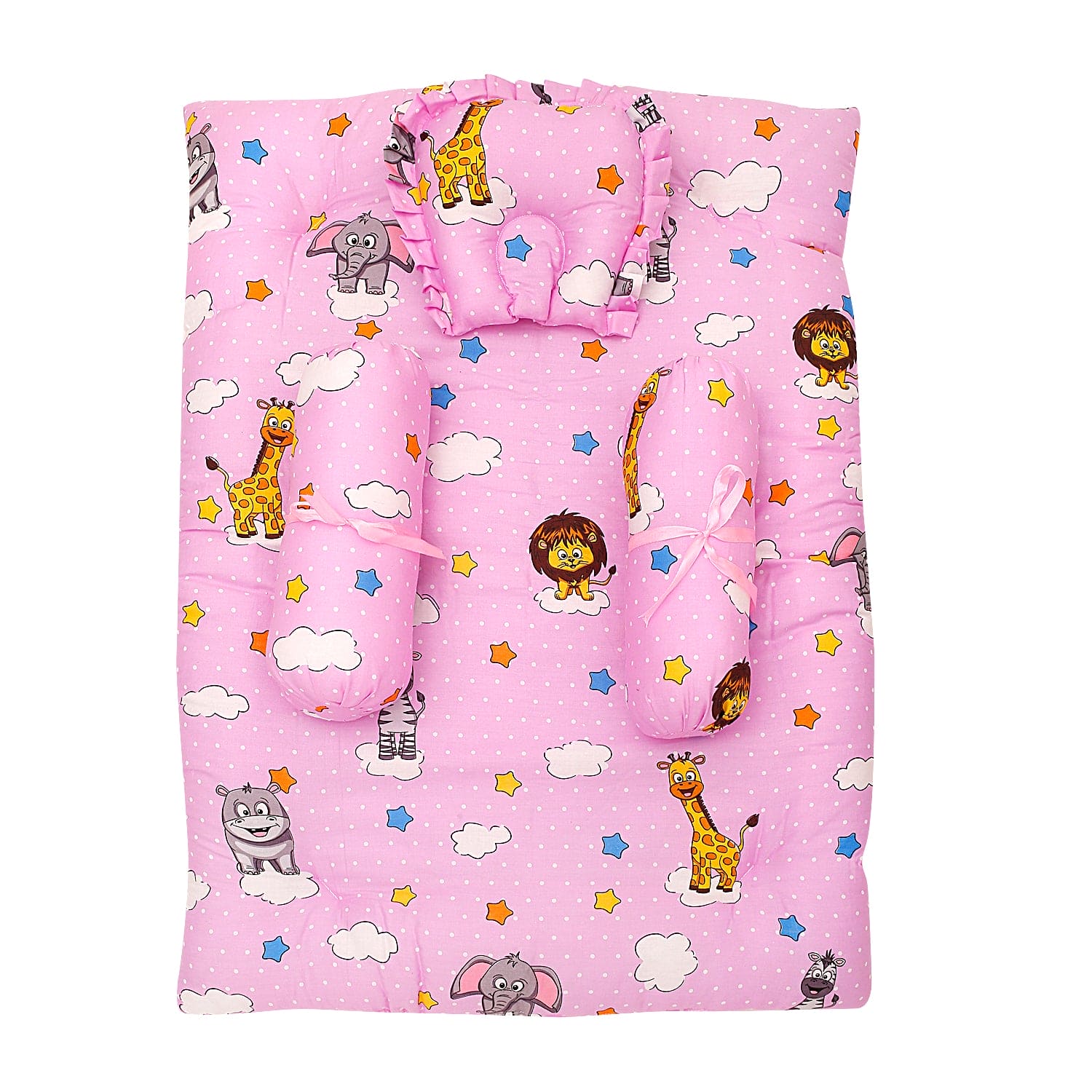 Mattress Set With Neck Pillow and Bolsters Flying Animals Pink