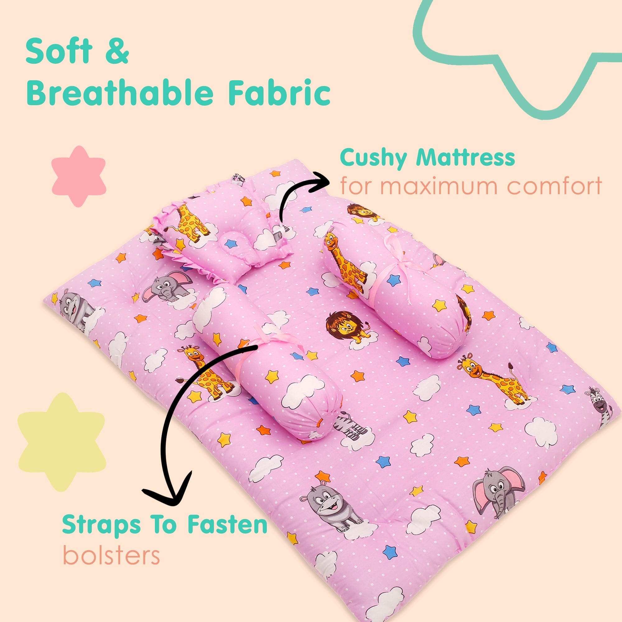 Mattress Set With Neck Pillow and Bolsters Flying Animals Pink