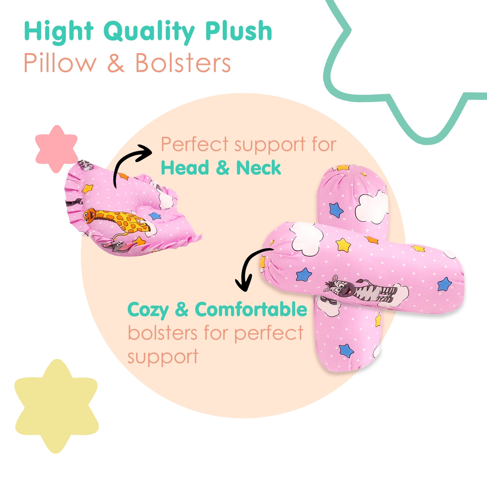 Mattress Set With Neck Pillow and Bolsters Flying Animals Pink