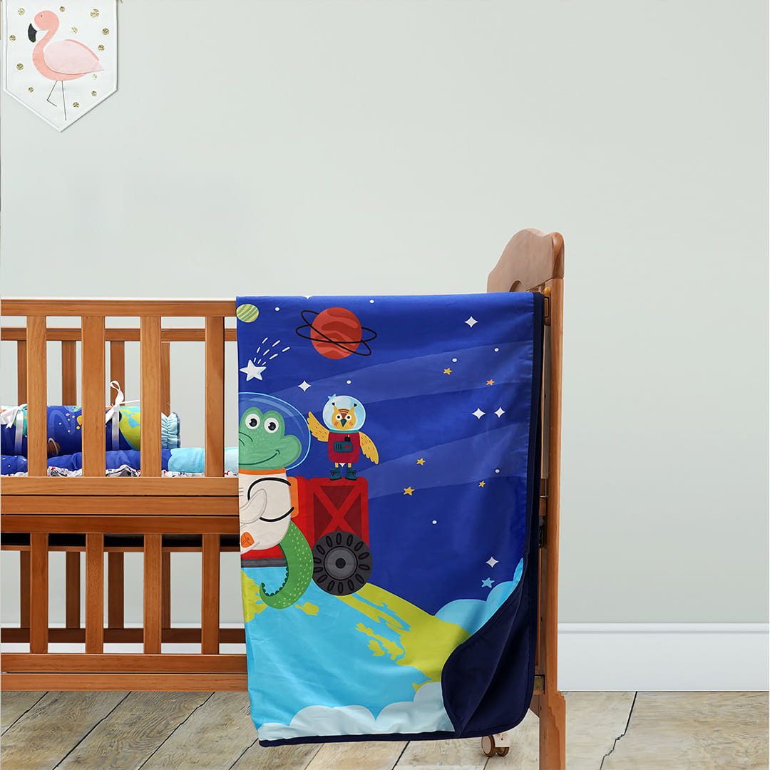 Baby Moo Space Soft Velvet U Pillow, Side Bolsters 5 Pcs Mattress And Blanket Set - Blue - Baby Moo