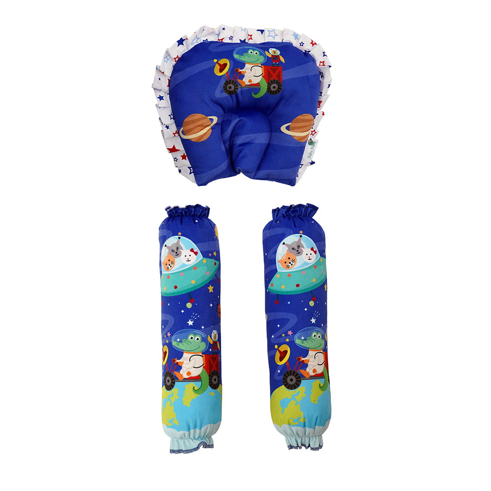 Baby Moo Space Soft Velvet U Pillow, 2 Side Bolsters Mattress Set - Blue - Baby Moo