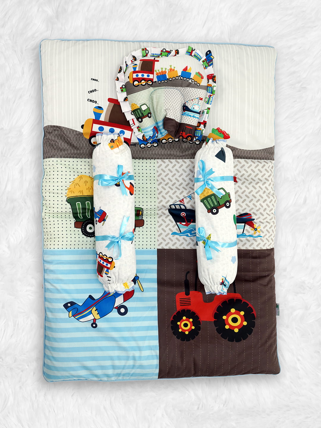 Baby Moo Truck And Car Soft Velvet U Pillow, 2 Side Bolsters Mattress Set - Multicolour - Baby Moo