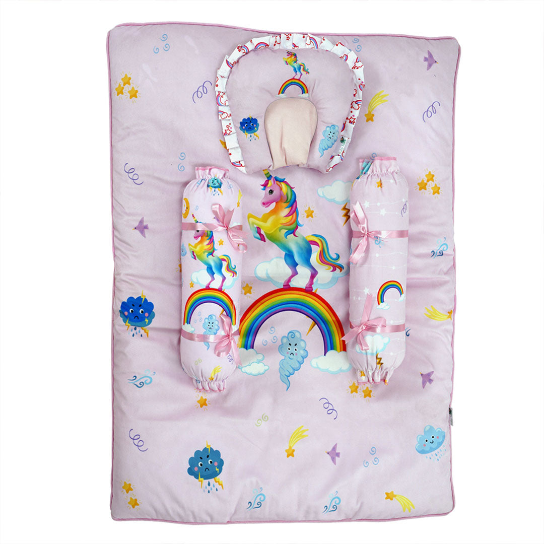 Baby Moo Unicorn Soft Velvet U Pillow, 2 Side Bolsters Mattress Set - Pink - Baby Moo