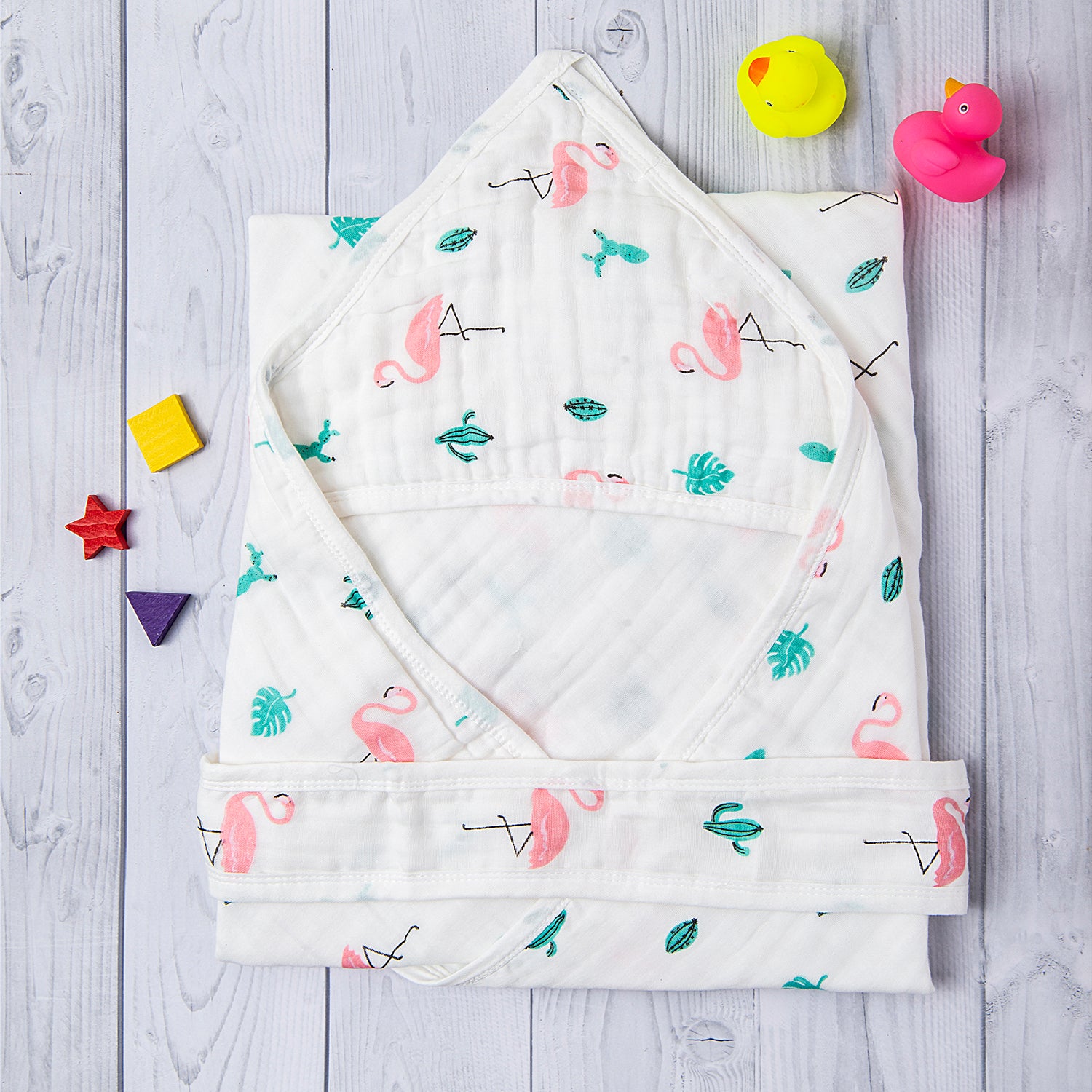 Hooded Wrapper 100% Muslin Cotton Flamingo White - Baby Moo