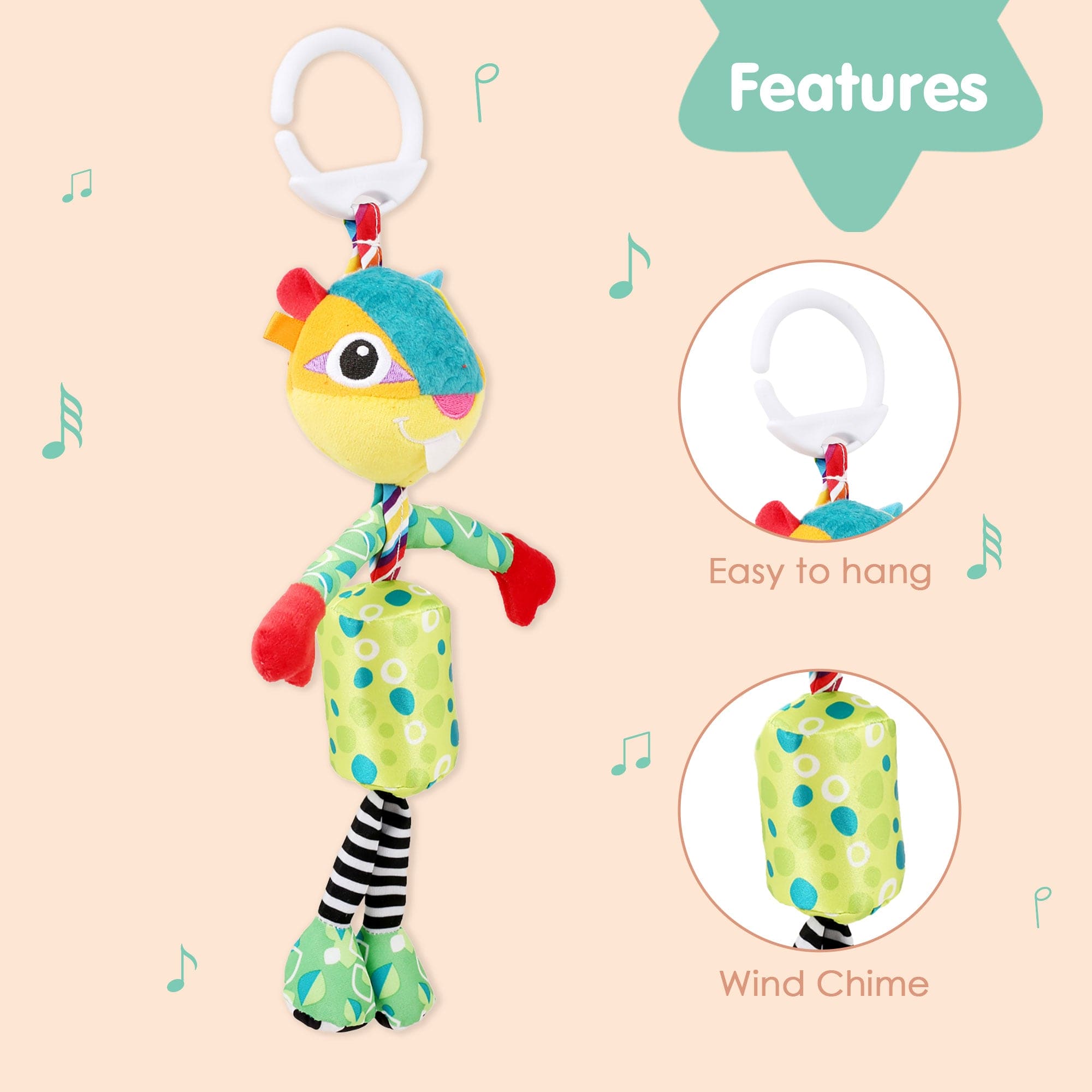 Smiling Green Hanging Musical Toy / Wind Chime Soft Rattle