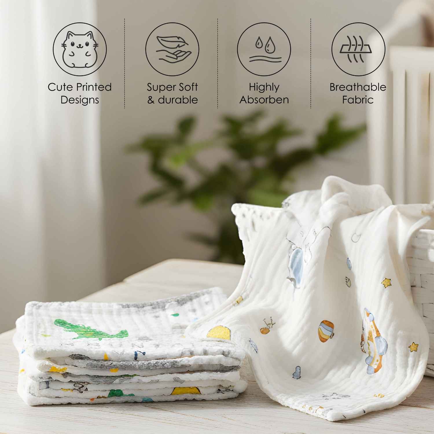 Baby Moo Little Adventures Printed Pack of 3 Soft Hankies Multipurpose Wash Cloth Muslin Napkin  - White