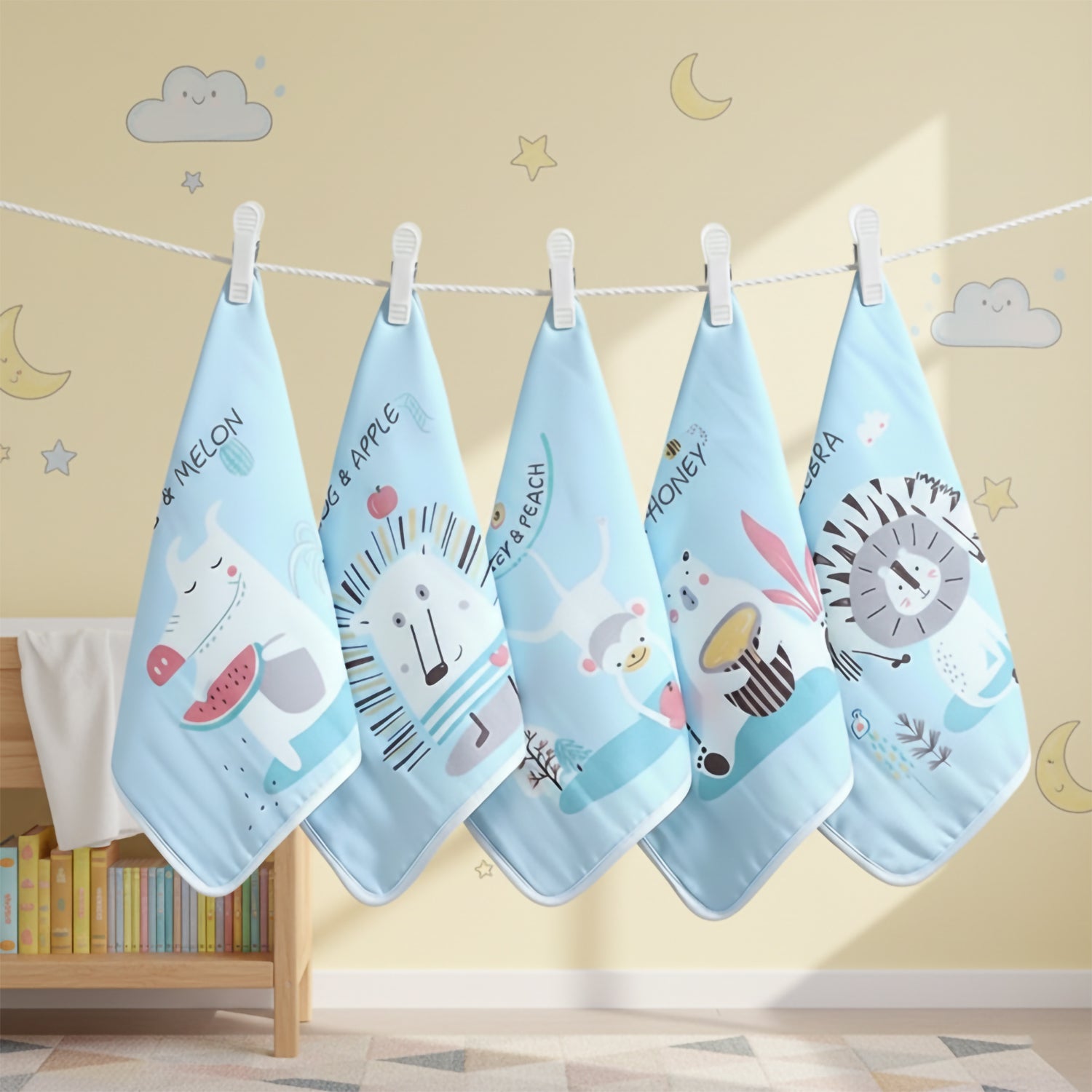 Baby Moo Animal Appetites Pack of 5 Soft Hankies Multipurpose Wash Cloth Muslin Napkin  - Blue