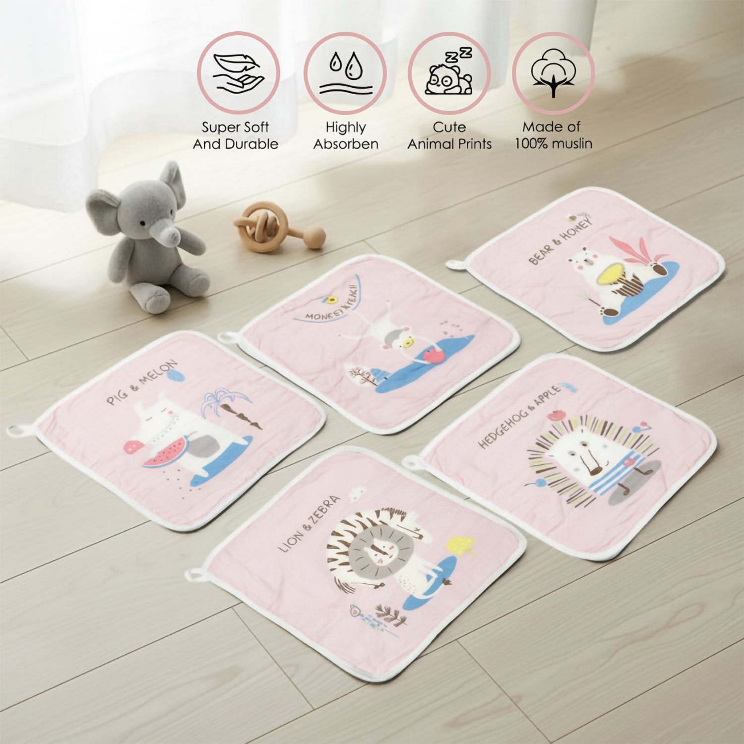 Baby Moo Mom's Love Pack of 5 Soft Hankies Multipurpose Wash Cloth Muslin Napkin  - Peach