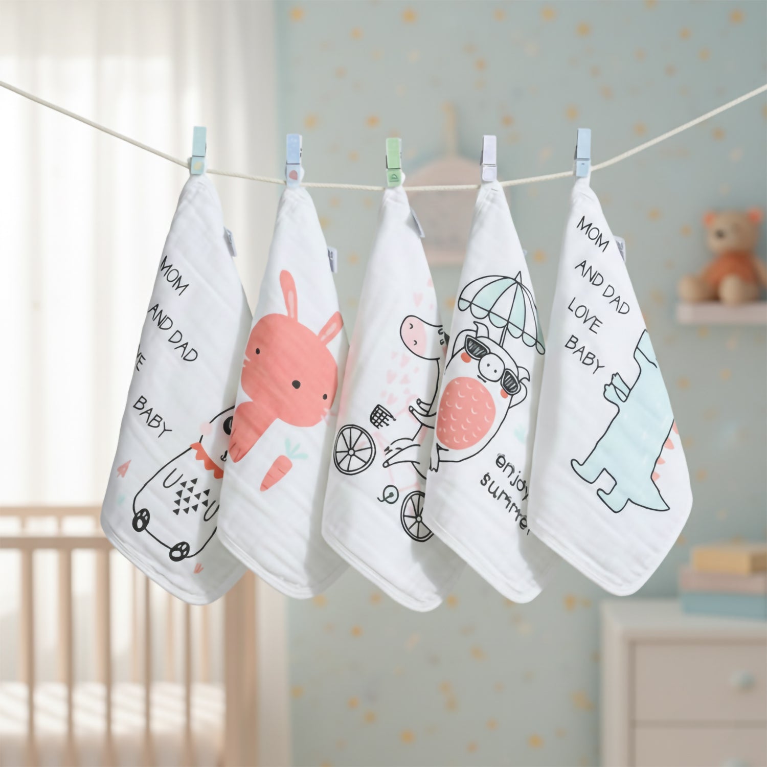 Baby Moo Cartoon Print Pack of 5 Soft Hankies Multipurpose Wash Cloth Muslin Napkin  - White