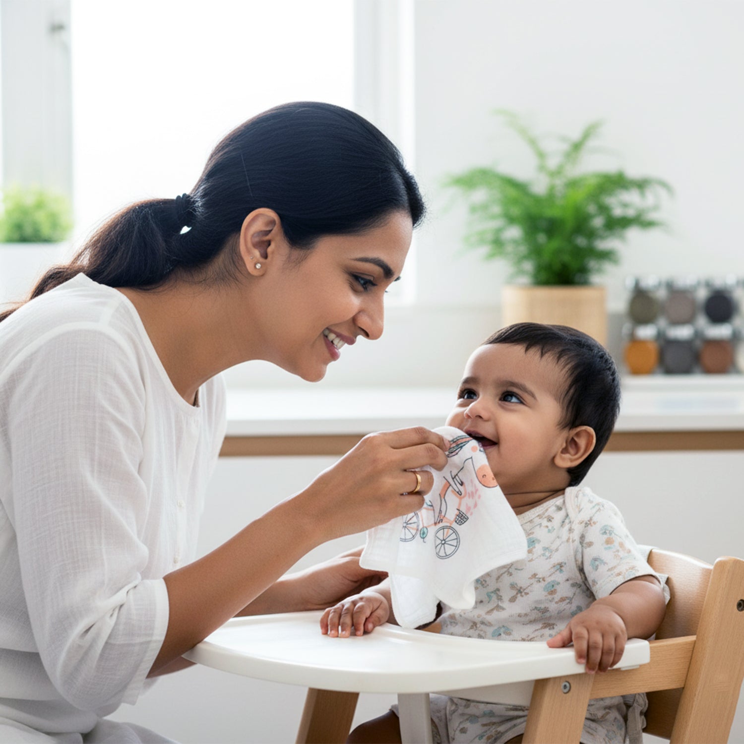 Baby Moo Cartoon Print Pack of 5 Soft Hankies Multipurpose Wash Cloth Muslin Napkin  - White