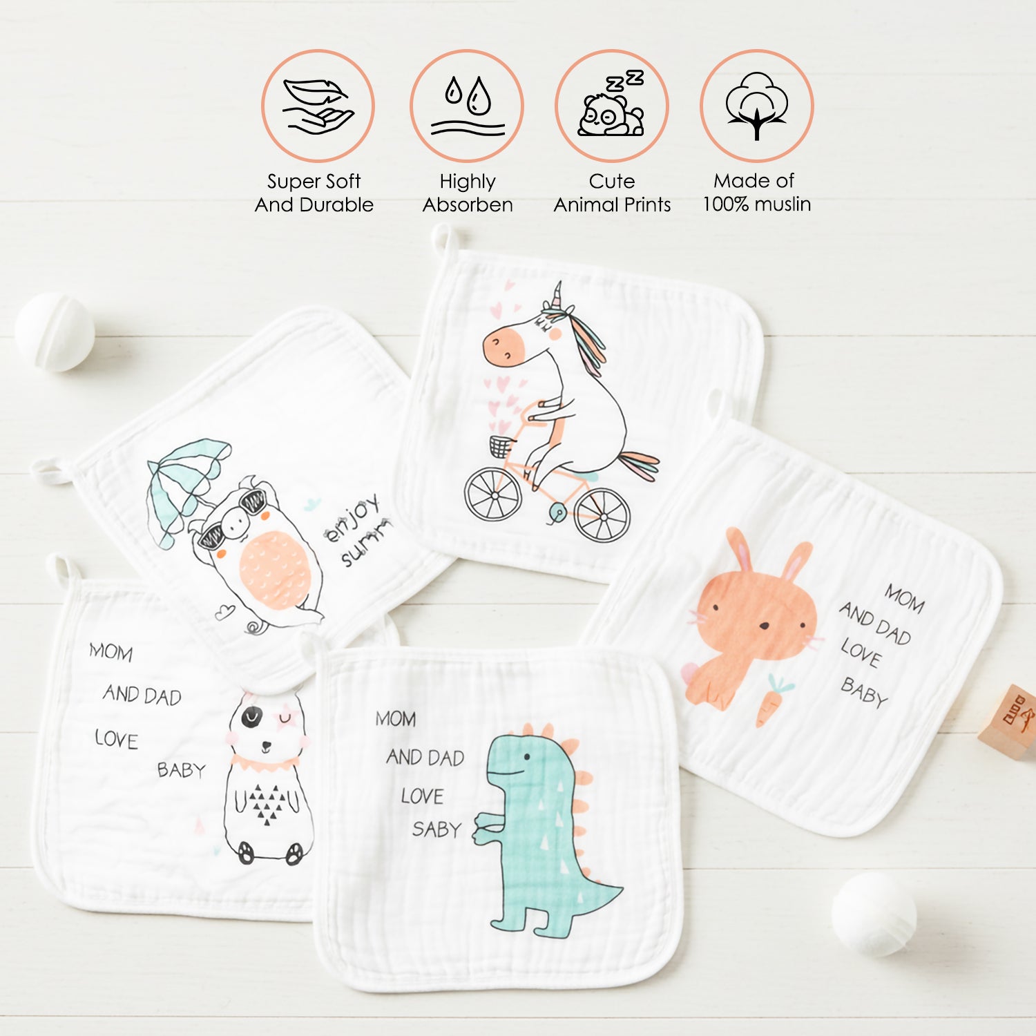 Baby Moo Cartoon Print Pack of 5 Soft Hankies Multipurpose Wash Cloth Muslin Napkin  - White