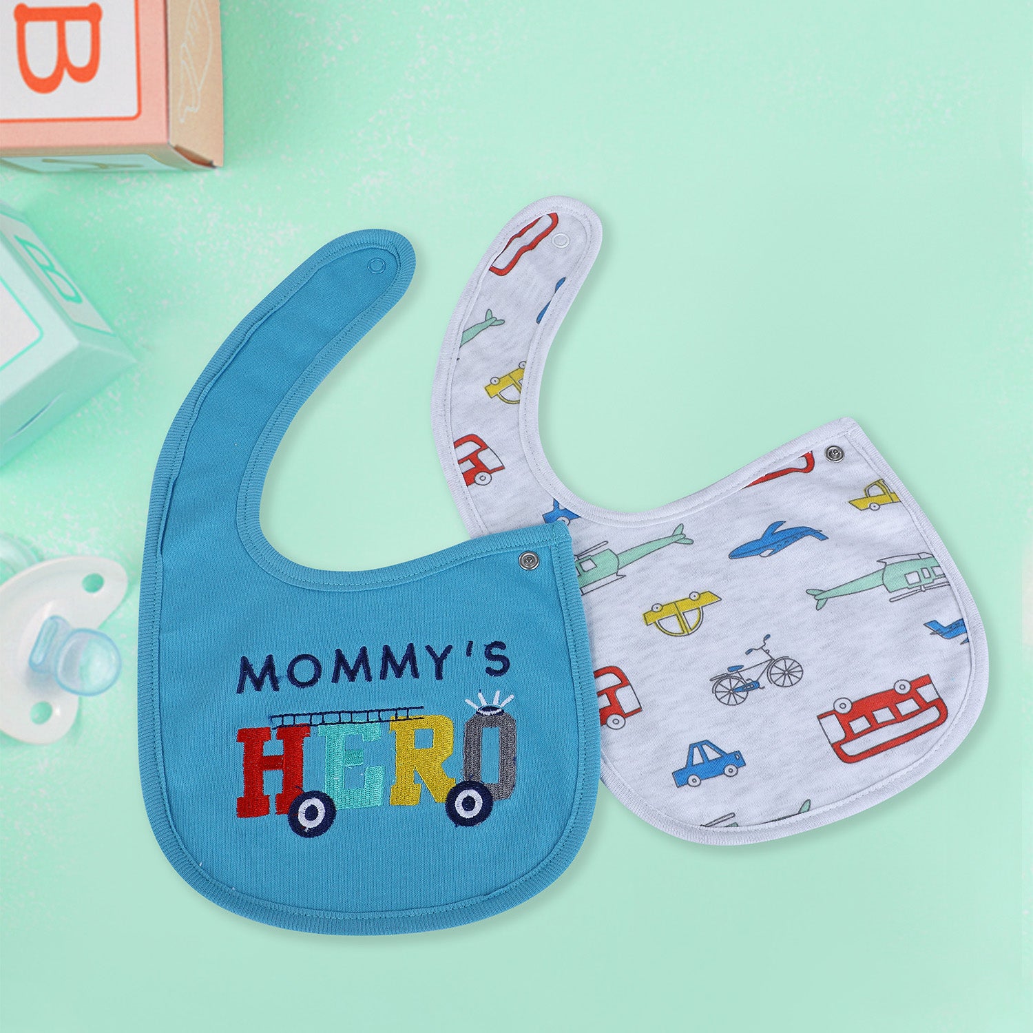 Baby Moo Mommy's Hero Racer Cotton 2 Pack Buttoned Feeding Bibs - Blue - Baby Moo