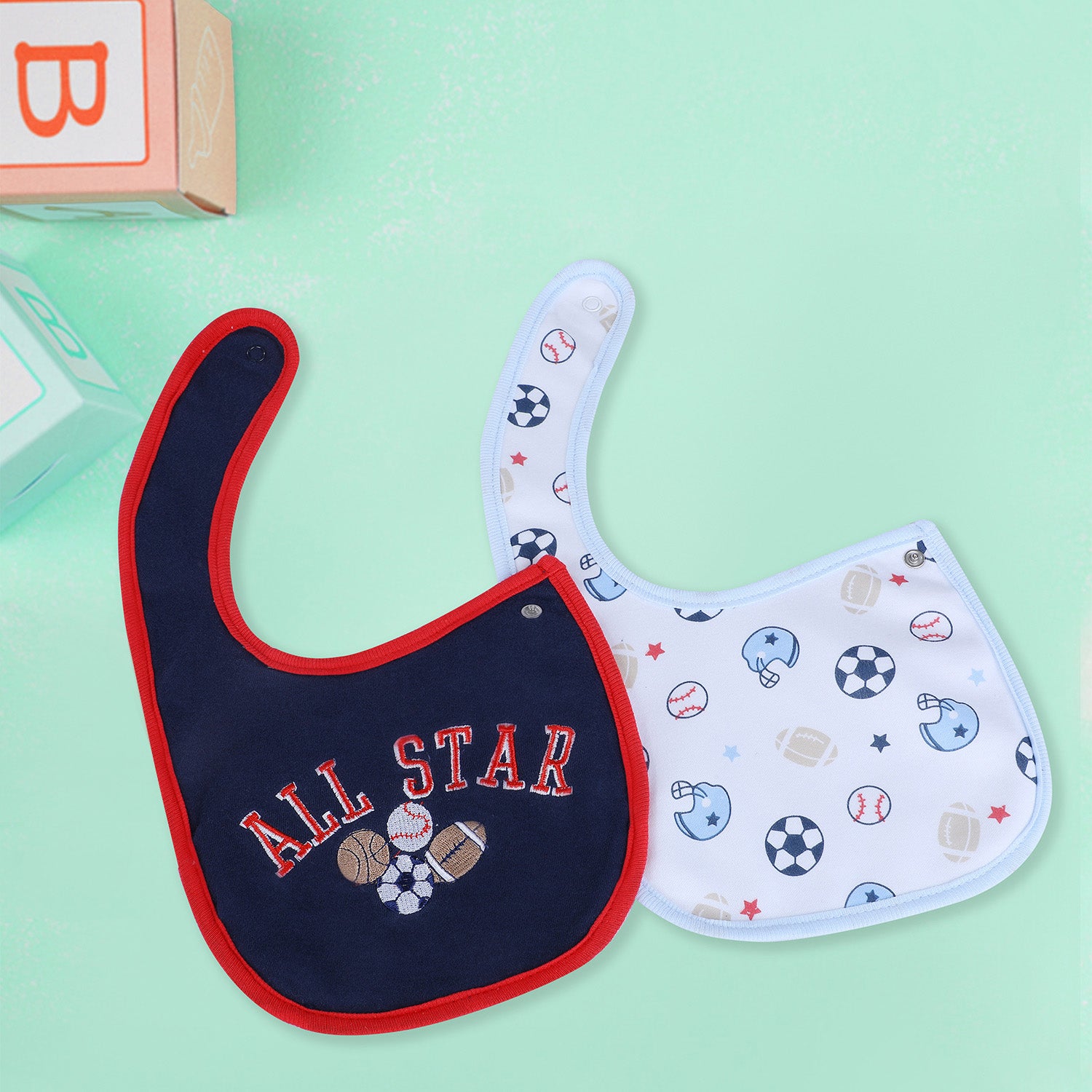 Baby Moo Sporty Star Cotton 2 Pack Buttoned Feeding Bibs - Navy Blue - Baby Moo