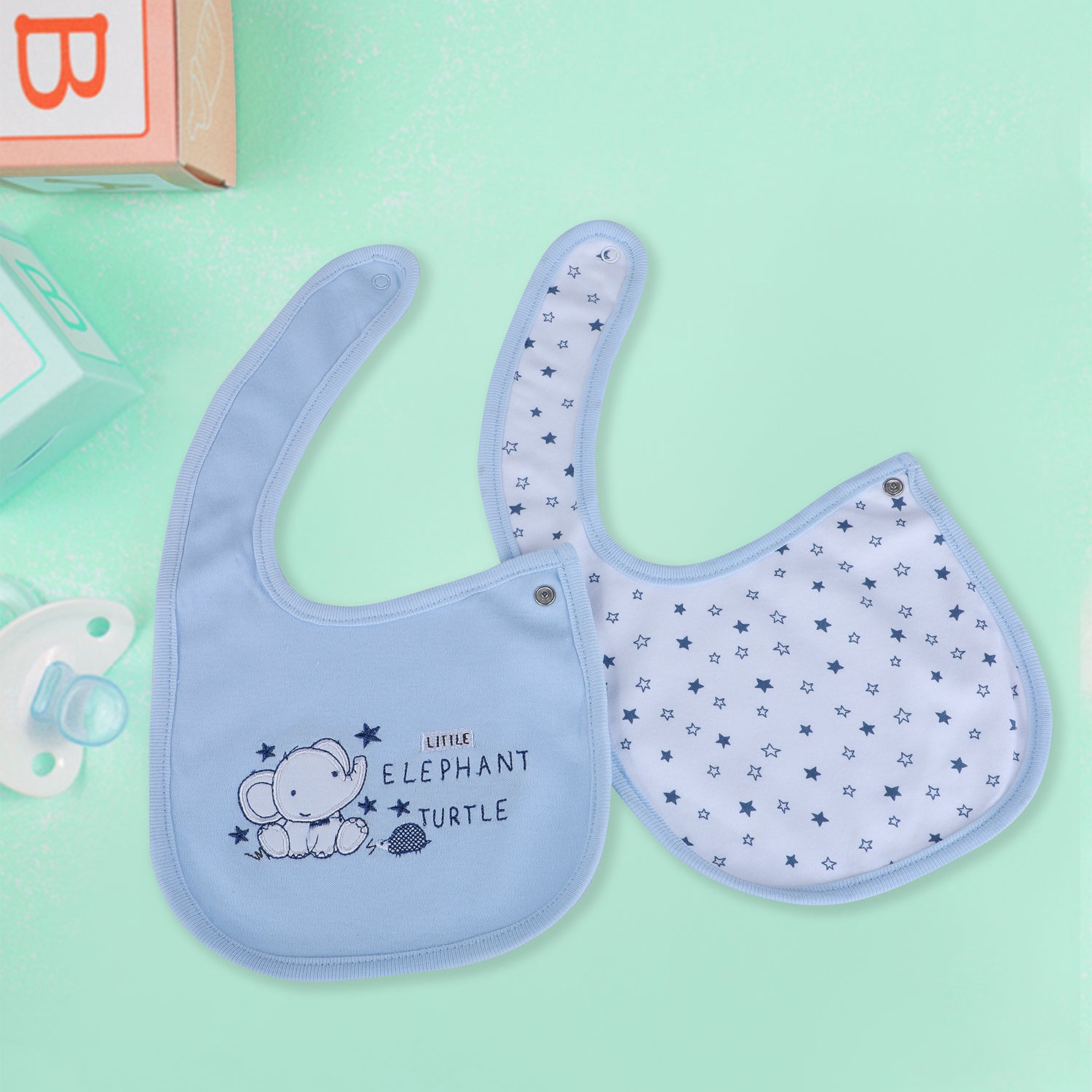 Baby Moo Two Friends Cotton 2 Pack Buttoned Feeding Bibs - Blue - Baby Moo